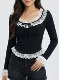 Low Cut Lace Trim Long Sleeve