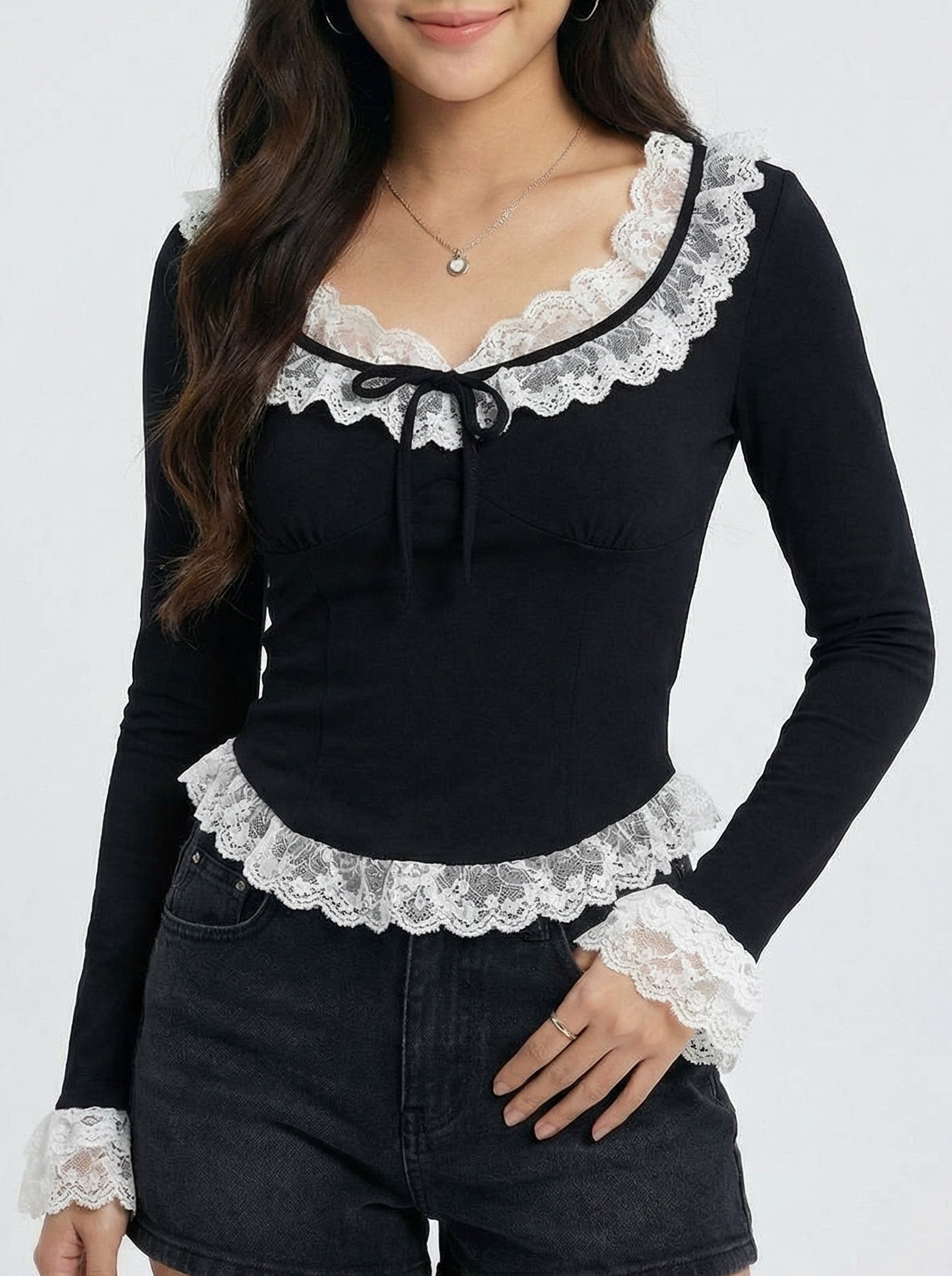 Low Cut Lace Trim Long Sleeve