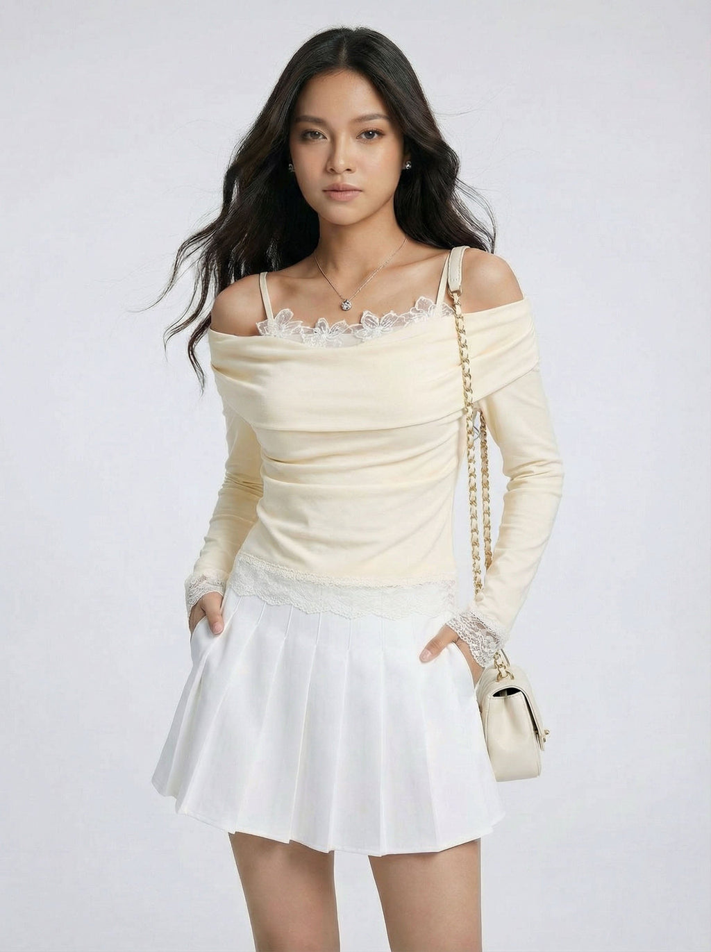 Two-Piece Look Off-Shoulder Lace Trim Long Sleeve