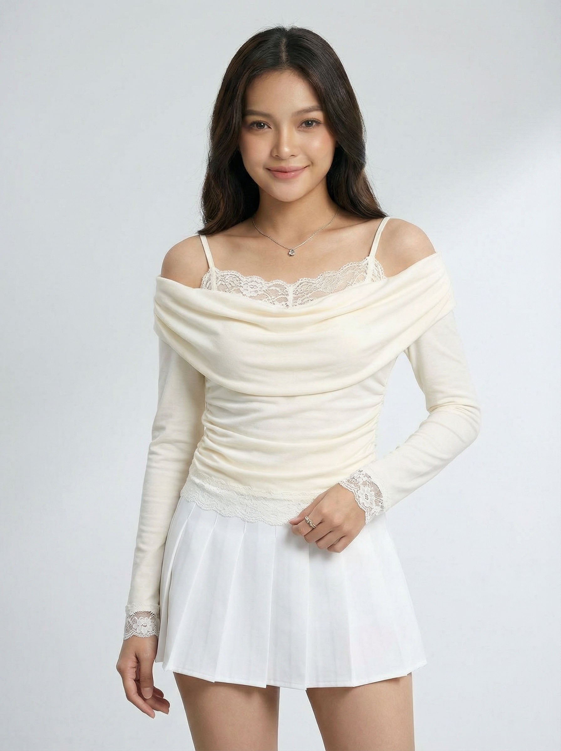 Two-Piece Look Off-Shoulder Lace Trim Long Sleeve