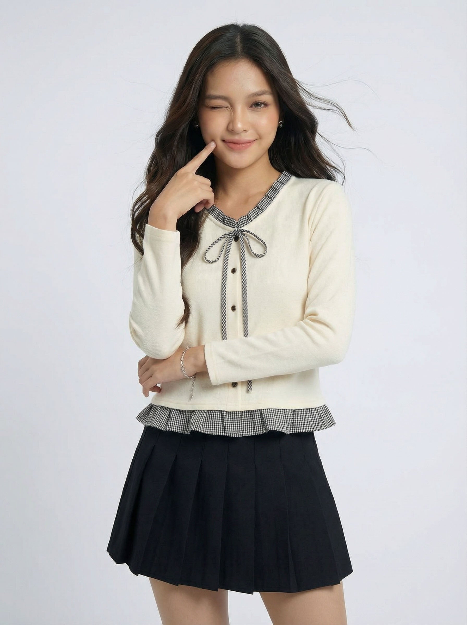 Two-Piece Look Check Bow Detail Patchwork Long Sleeve