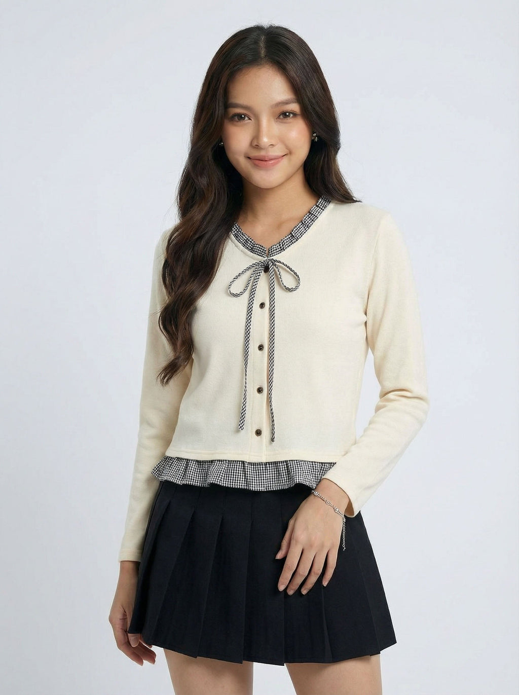 Two-Piece Look Check Bow Detail Patchwork Long Sleeve