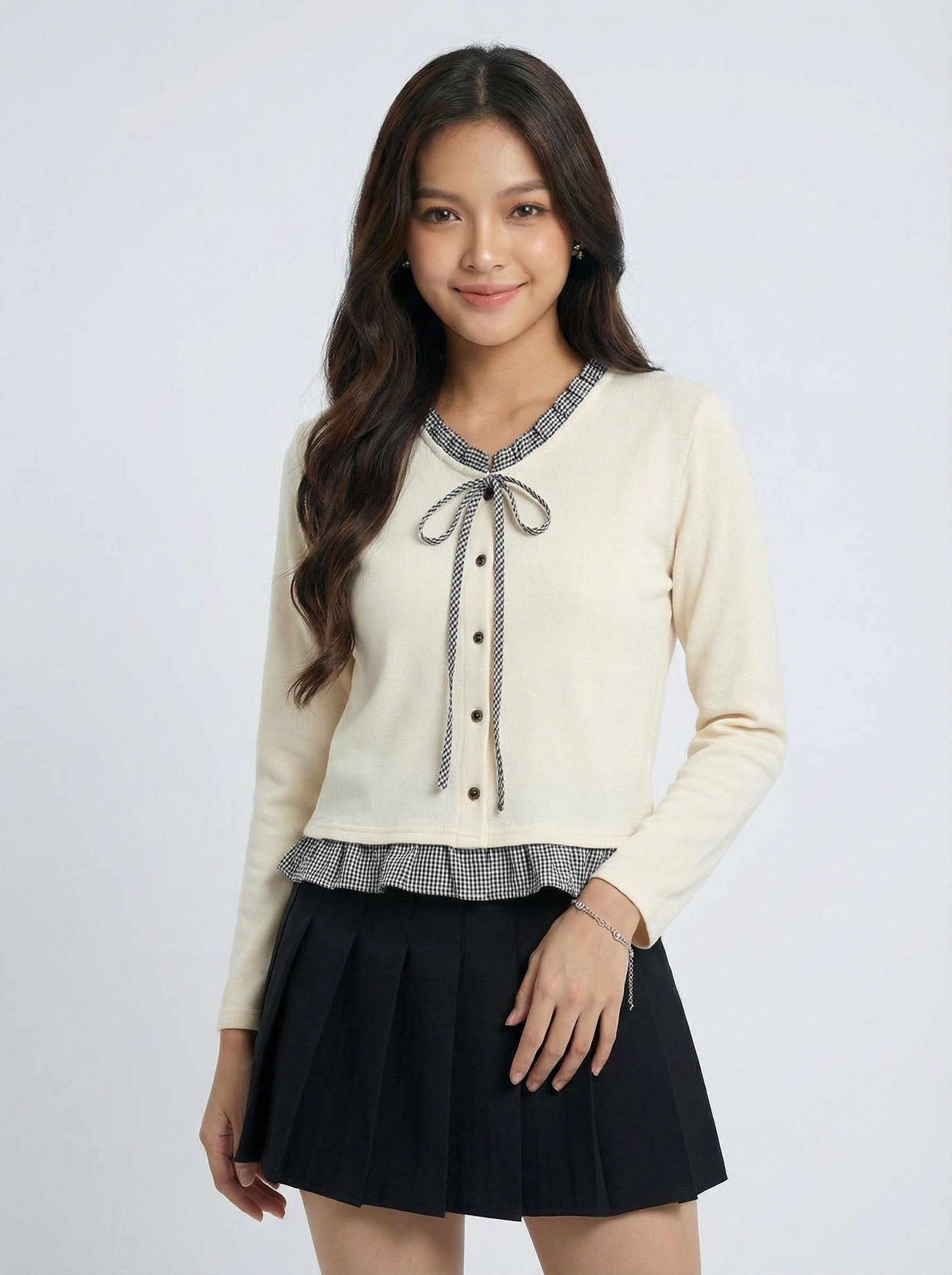 Two-Piece Look Check Bow Detail Patchwork Long Sleeve