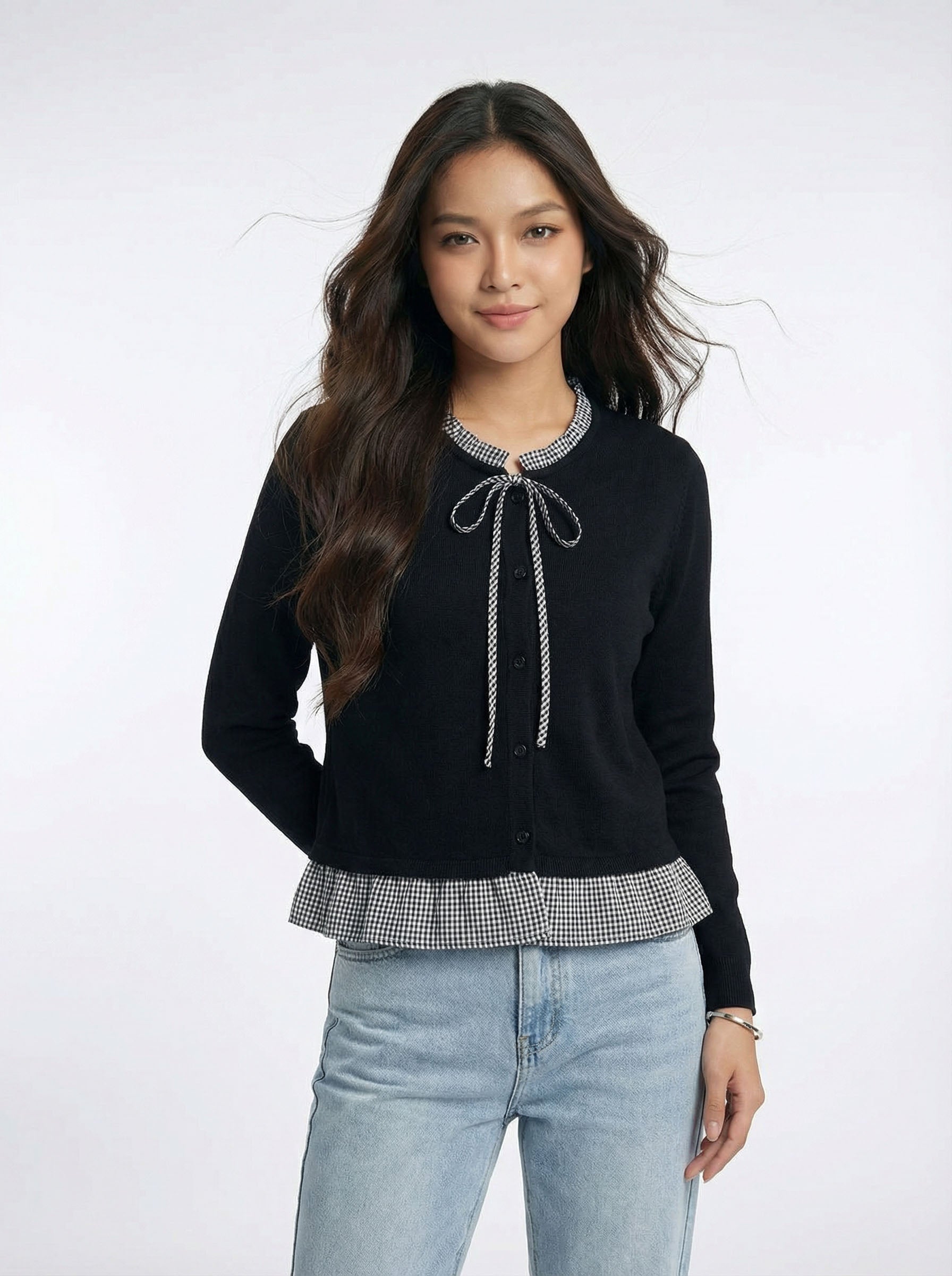 Two-Piece Look Check Bow Detail Patchwork Long Sleeve