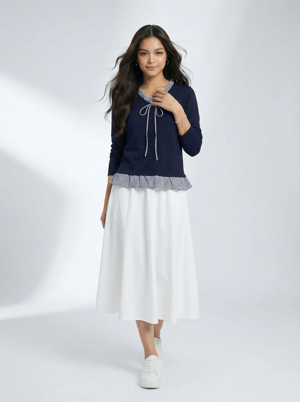 Two-Piece Look Check Bow Detail Patchwork Long Sleeve