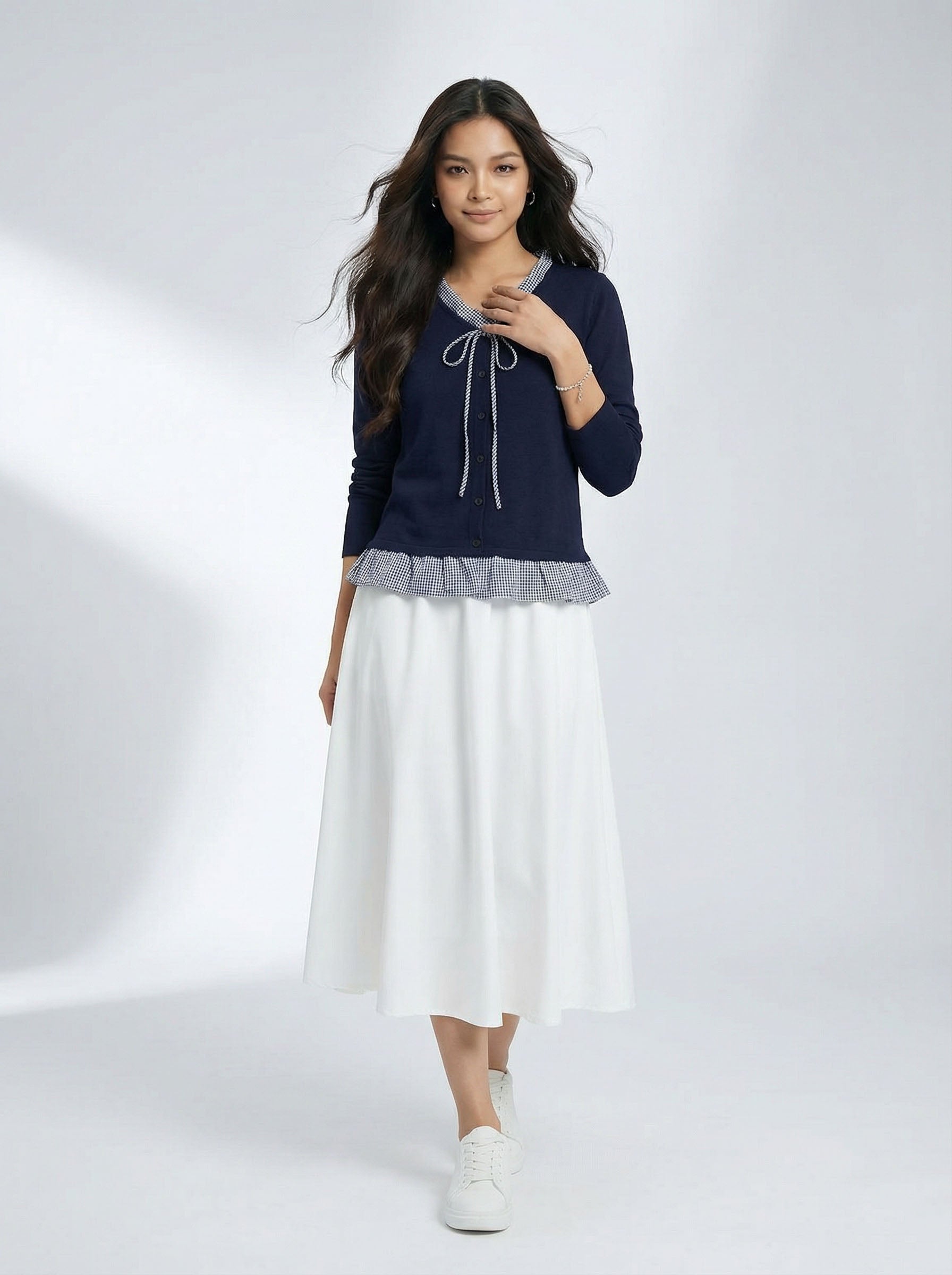 Two-Piece Look Check Bow Detail Patchwork Long Sleeve