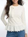 Bow Detail Lace Trim Patchwork Two-Piece Look Long Sleeve