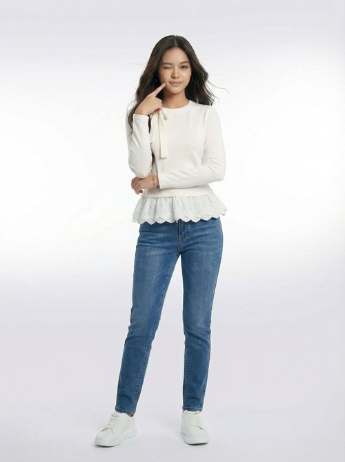 Bow Detail Lace Trim Patchwork Two-Piece Look Long Sleeve