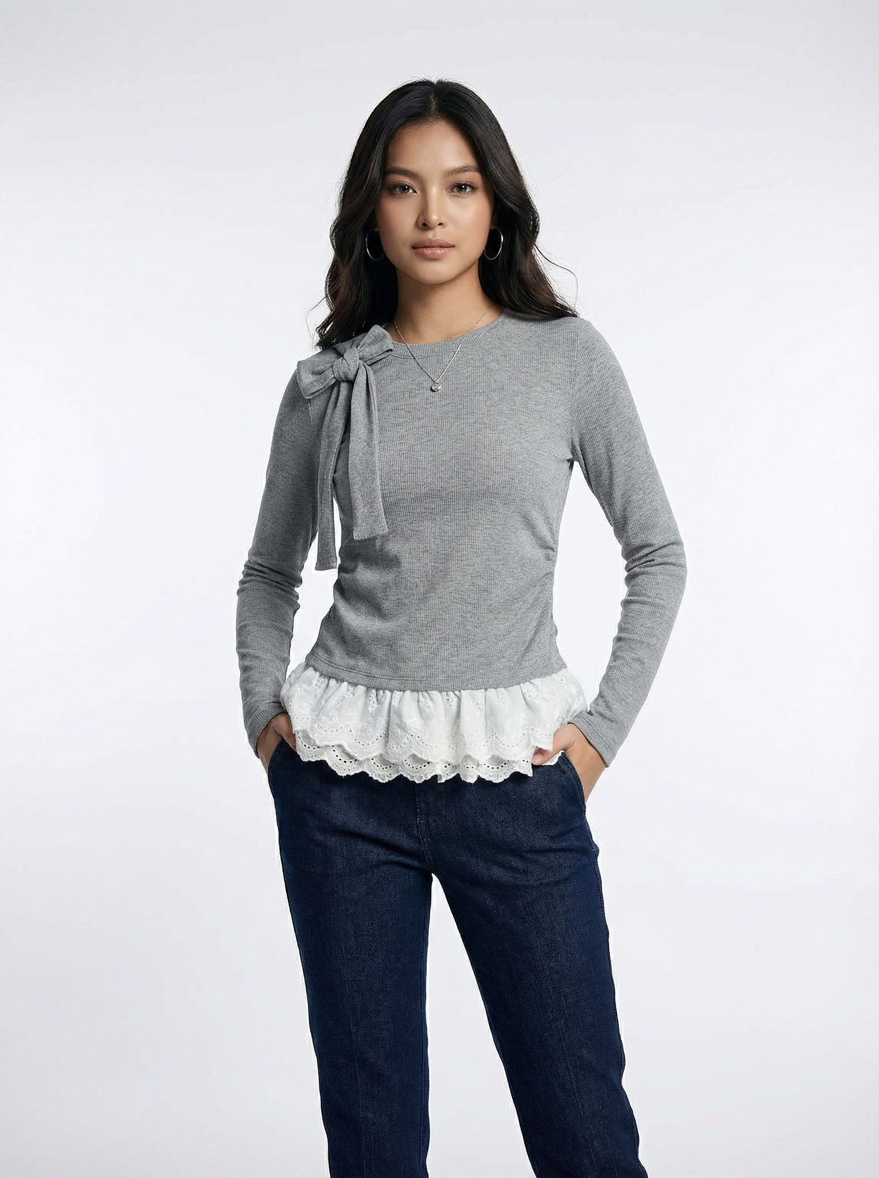 Bow Detail Lace Trim Patchwork Two-Piece Look Long Sleeve