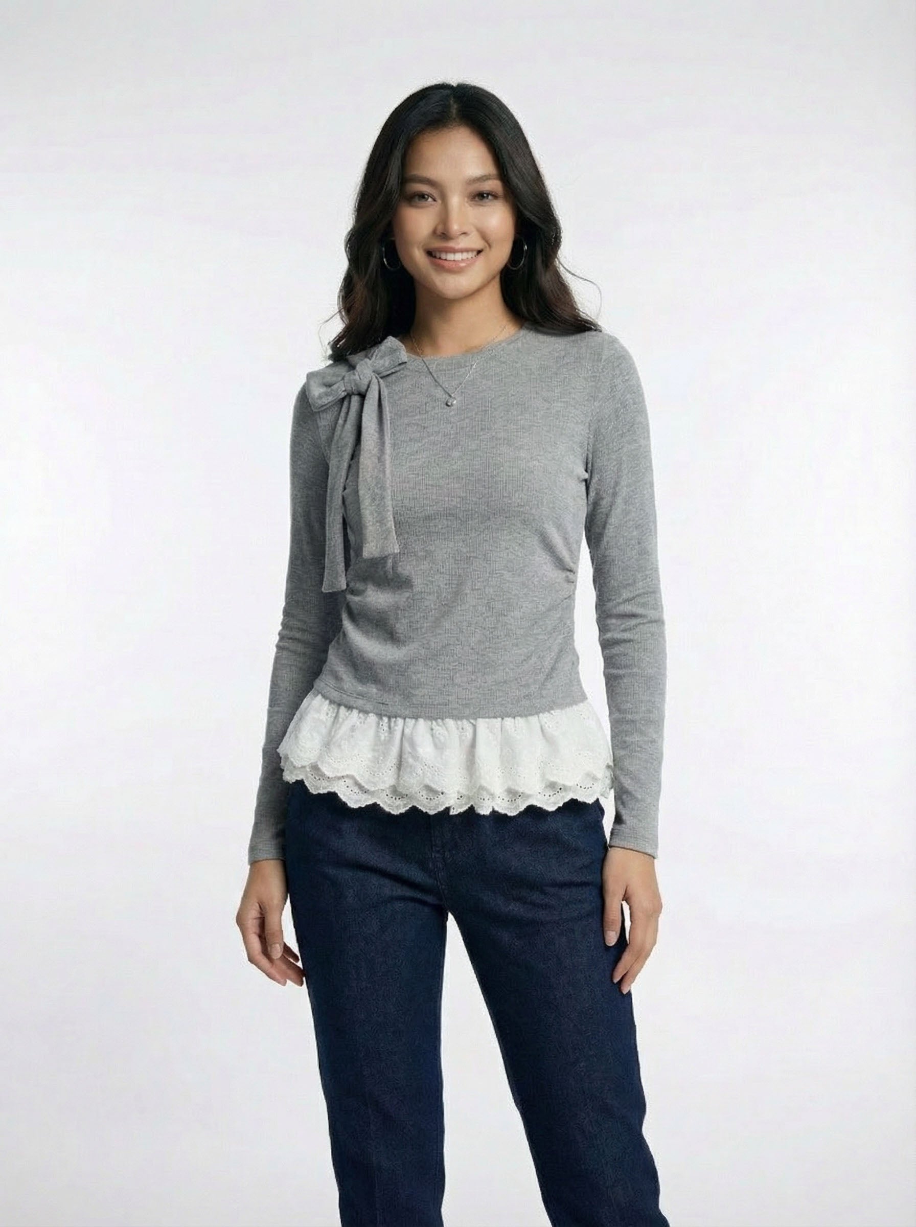 Bow Detail Lace Trim Patchwork Two-Piece Look Long Sleeve