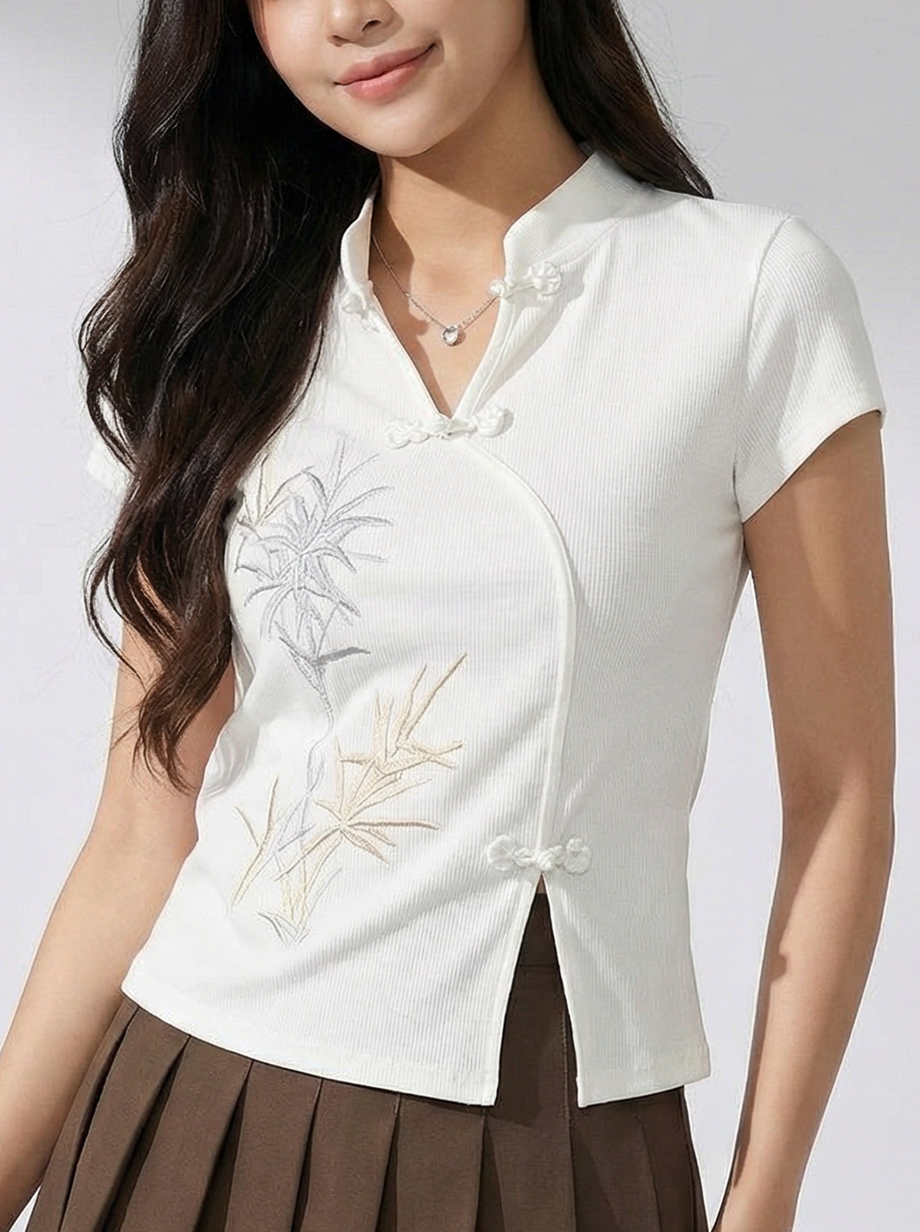 Chinese Style Embroidered Asymmetric Hem T-Shirt