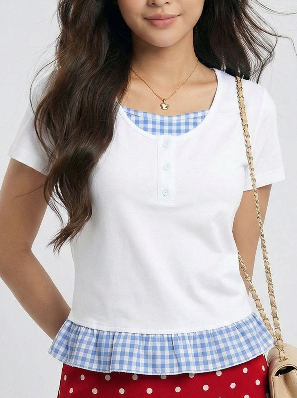 Two-Piece Look Check Patchwork Short sleeve T-Shirt