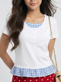 Two-Piece Look Check Patchwork Short sleeve T-Shirt