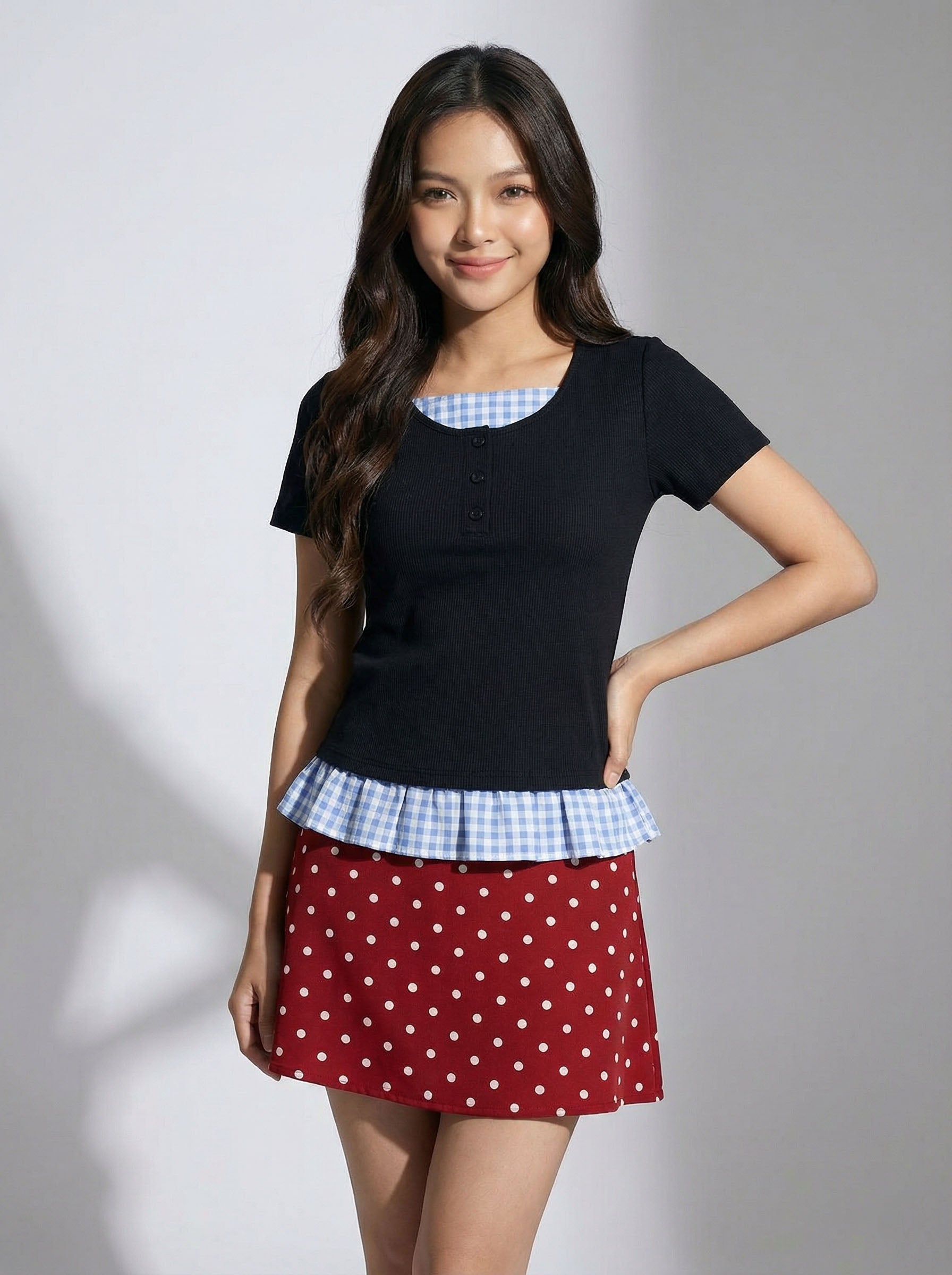 Two-Piece Look Check Patchwork Short sleeve T-Shirt