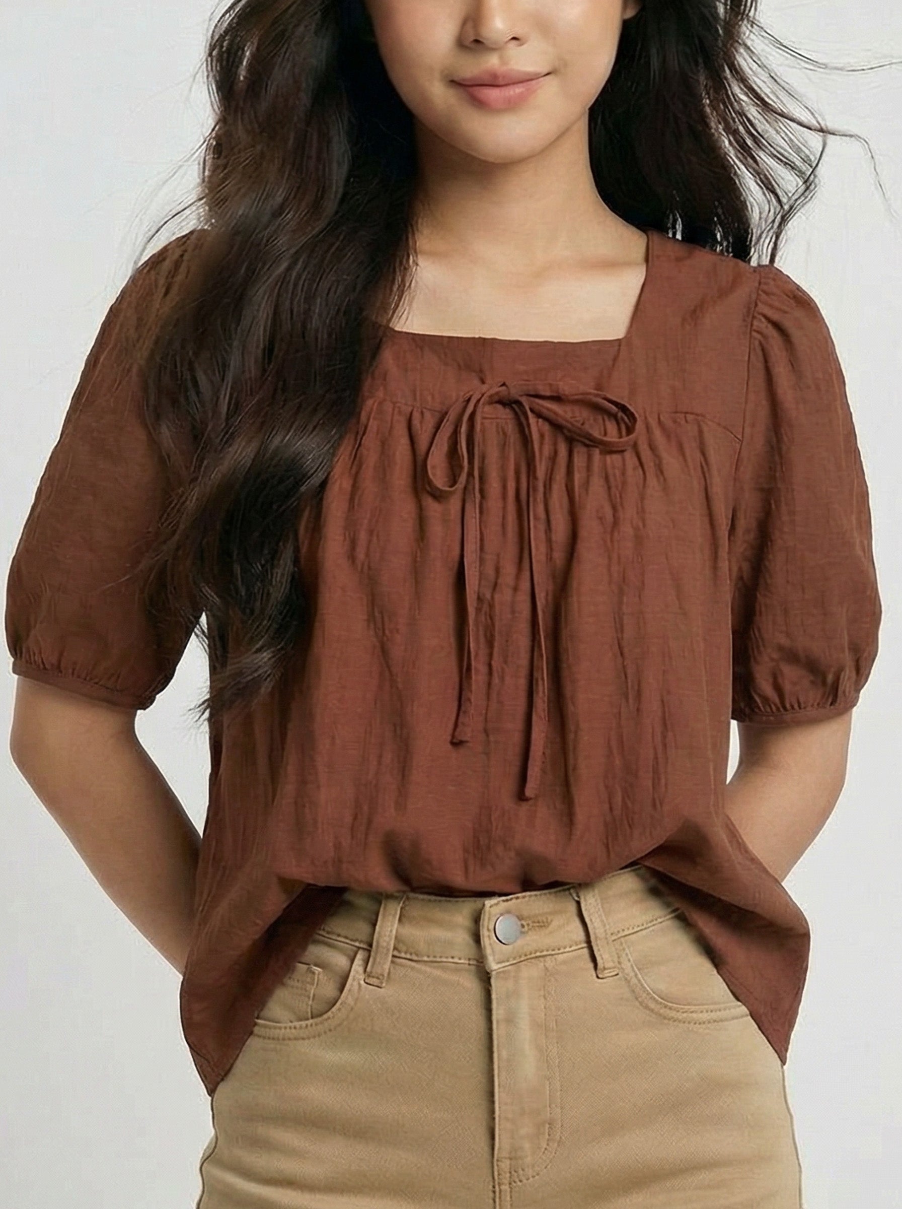 Vintage Square Neck Bow Detail Oversized Short sleeve T-Shirt