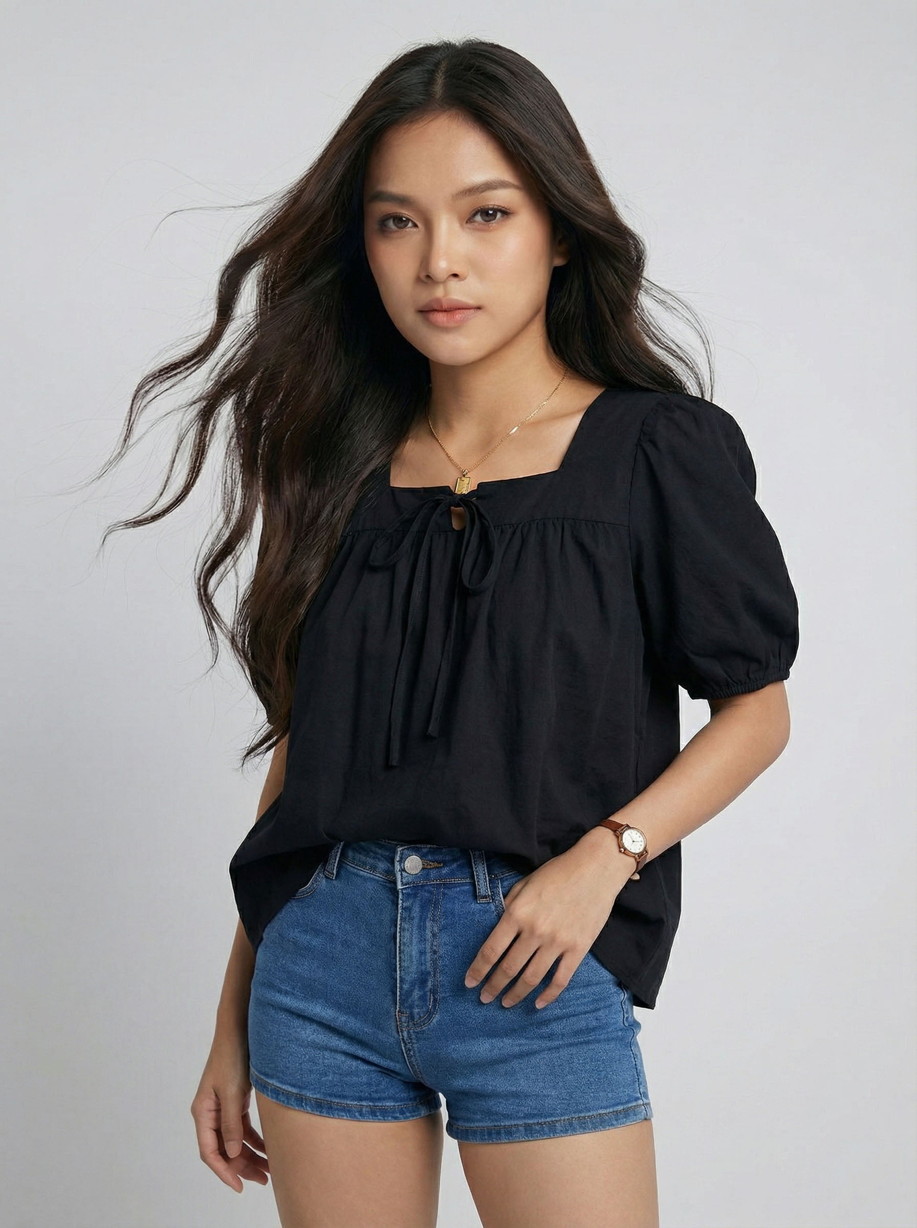 Vintage Square Neck Bow Detail Oversized Short sleeve T-Shirt