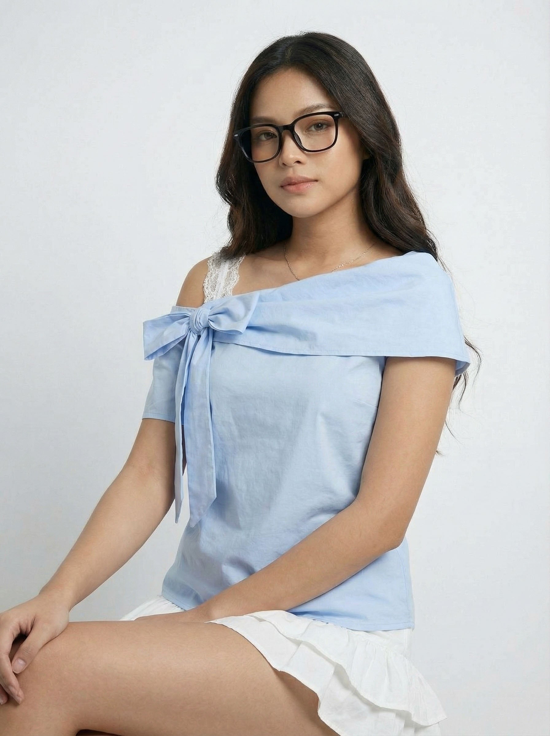 Lace Trim Patchwork Bow Detail Asymmetric Shoulder Short sleeve