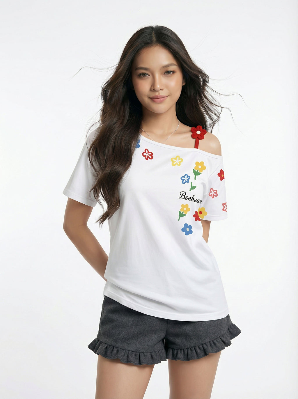 Small Floral Embroidered Off-the-Shoulder Short sleeve