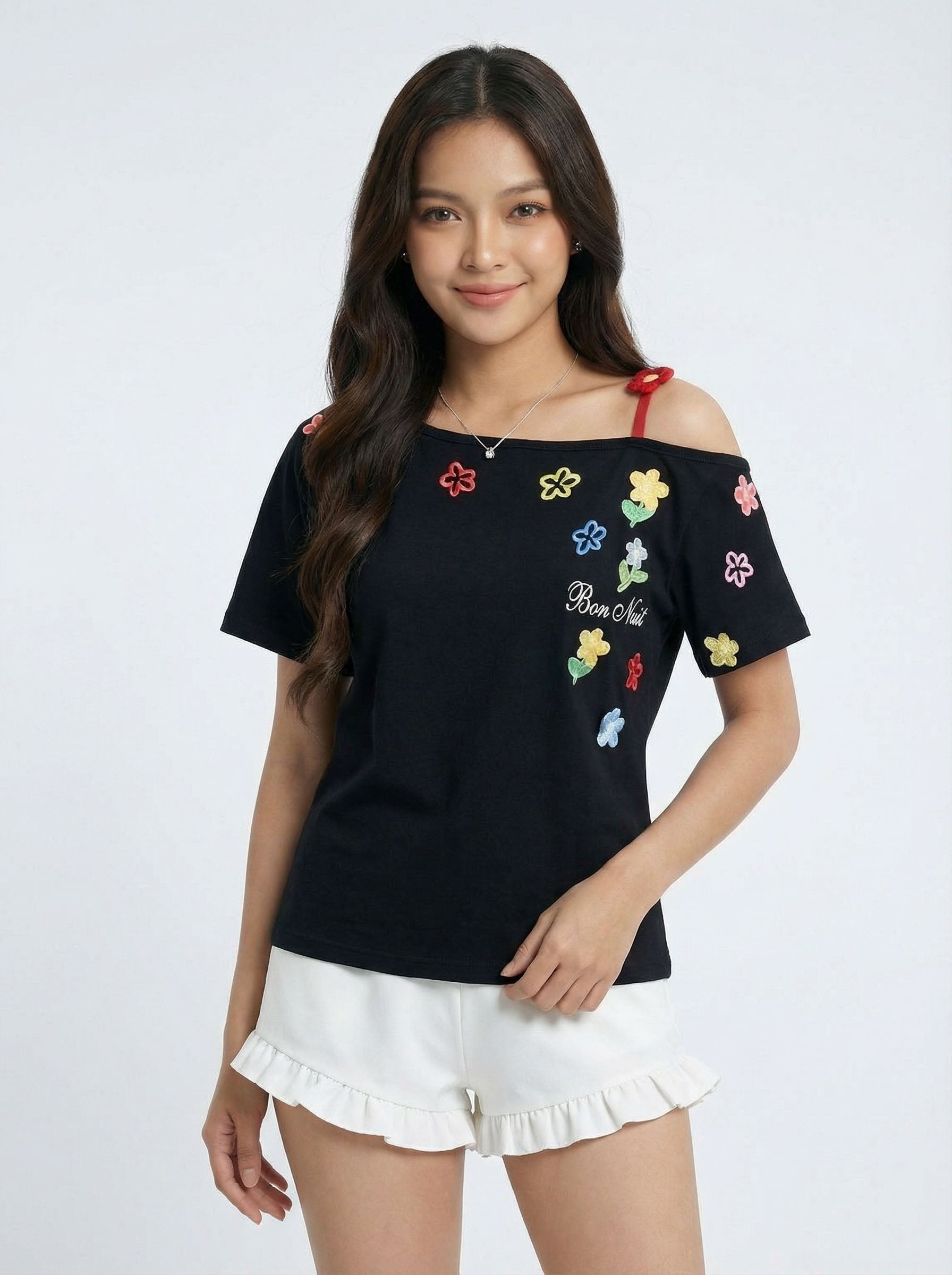 Small Floral Embroidered Off-the-Shoulder Short sleeve