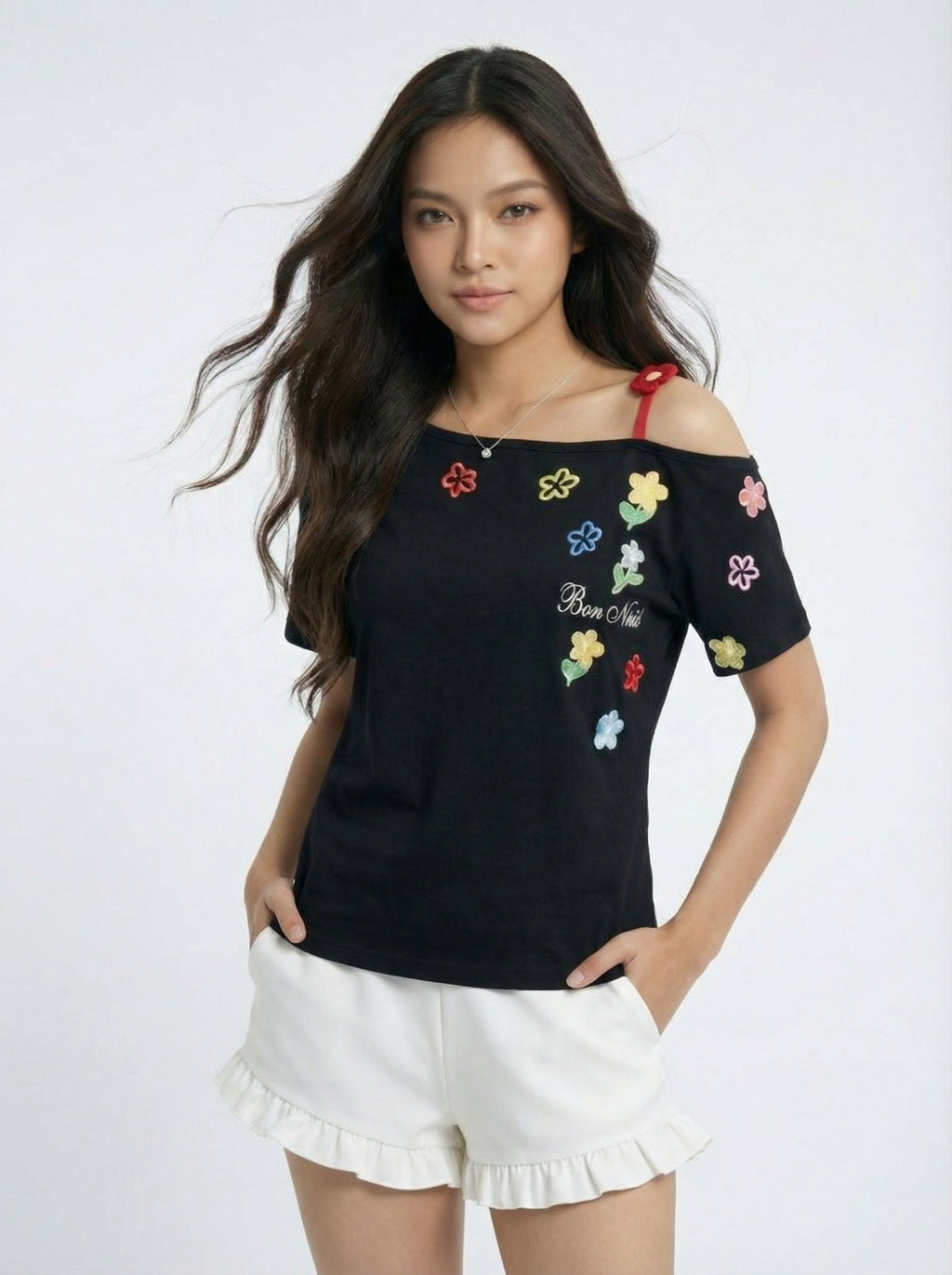 Small Floral Embroidered Off-the-Shoulder Short sleeve