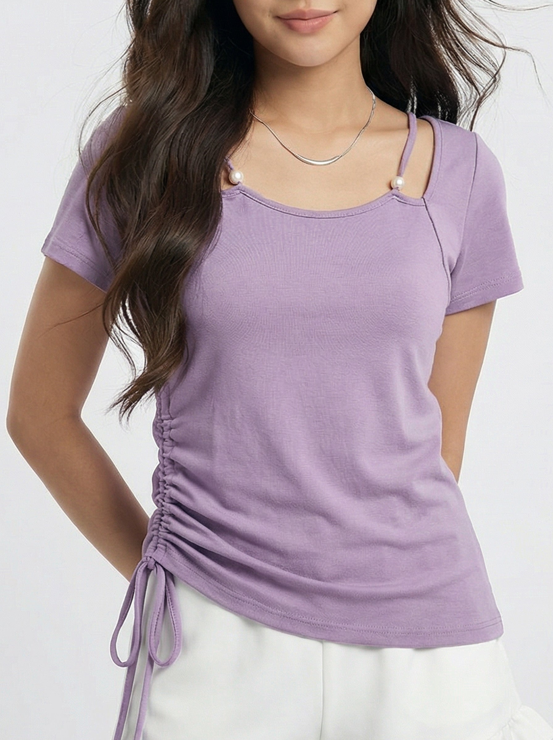 Designer Details Slimming Asymmetric Ruched Waist Short sleeve