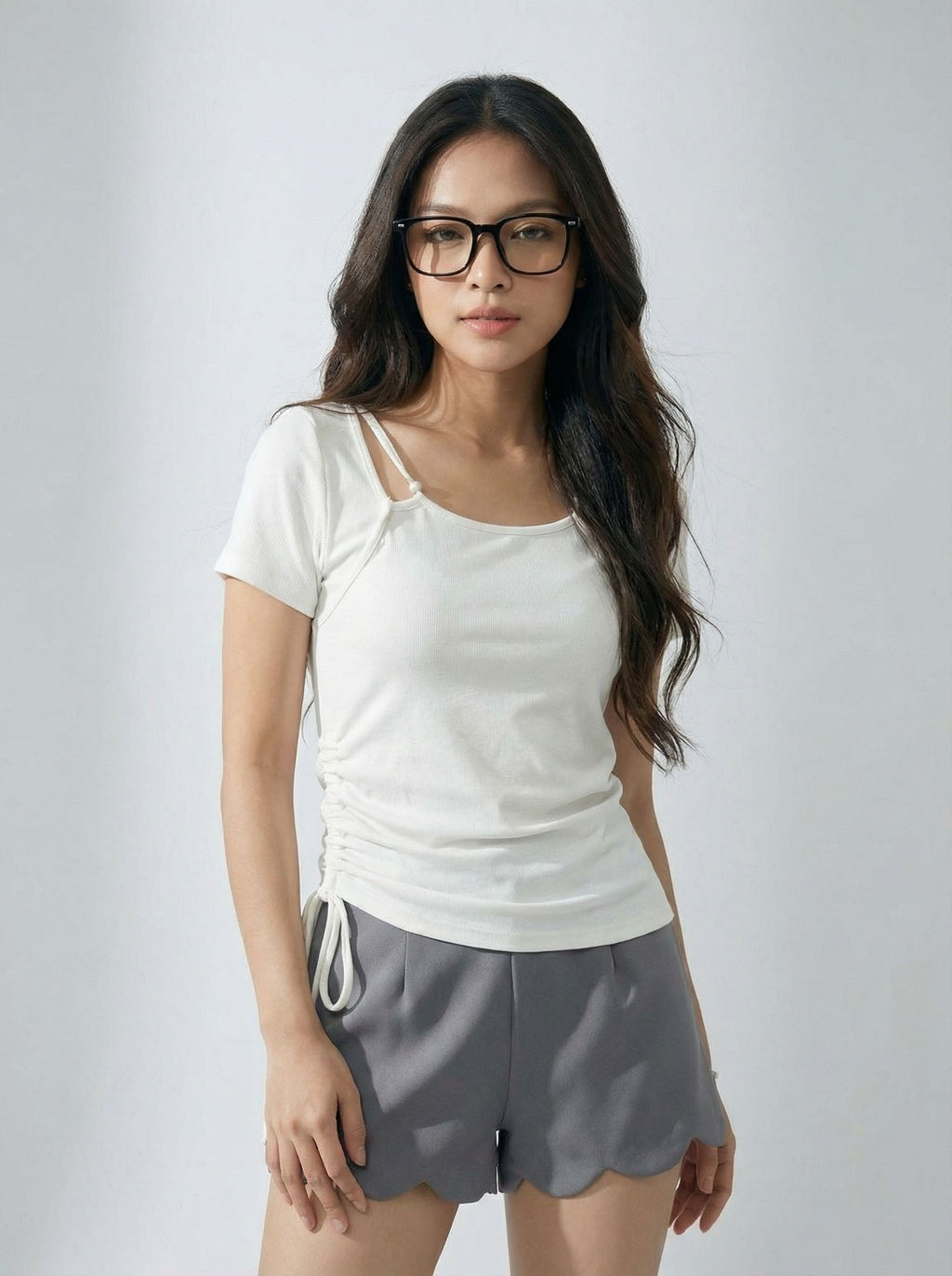 Designer Details Slimming Asymmetric Ruched Waist Short sleeve