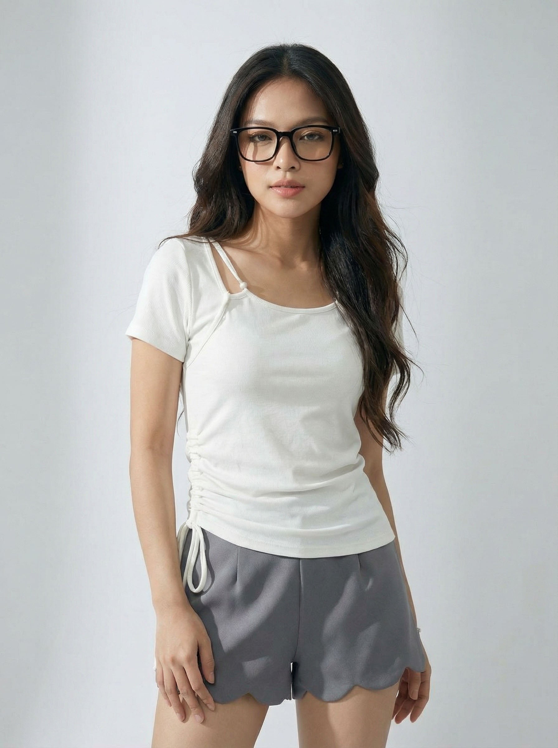 Designer Details Slimming Asymmetric Ruched Waist Short sleeve