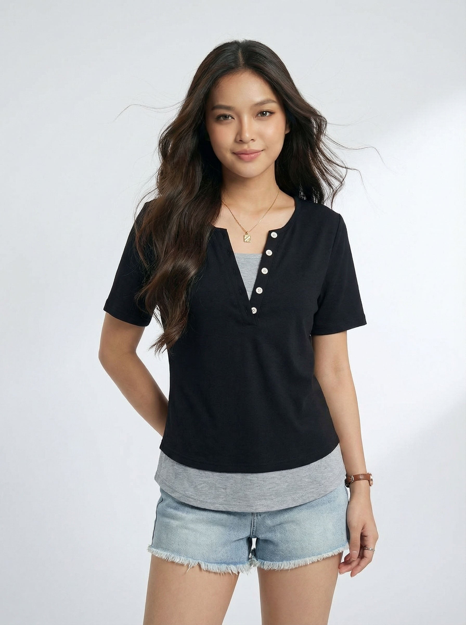 Niche Style Vintage Two-Piece Look Patchwork V-Neck Short Sleeve T-Shirt