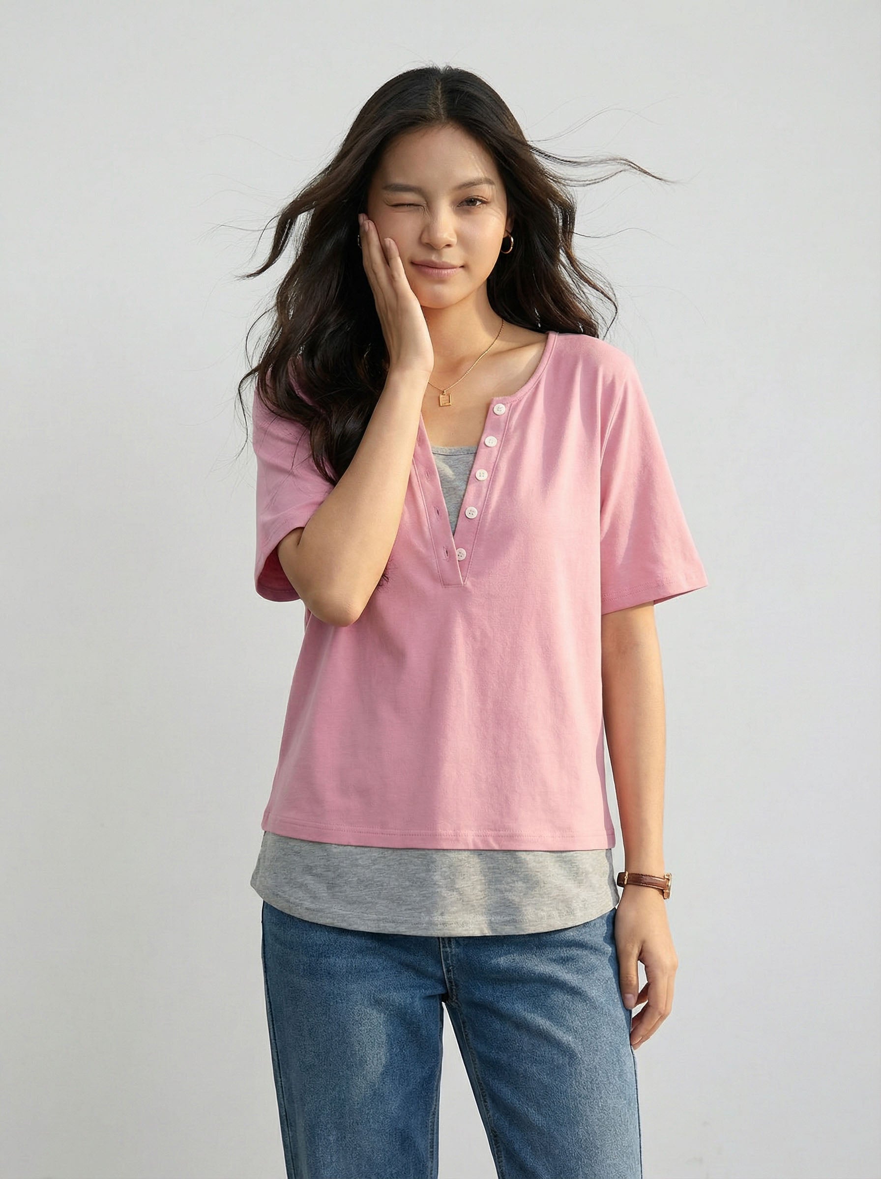 Niche Style Vintage Two-Piece Look Patchwork V-Neck Short Sleeve T-Shirt