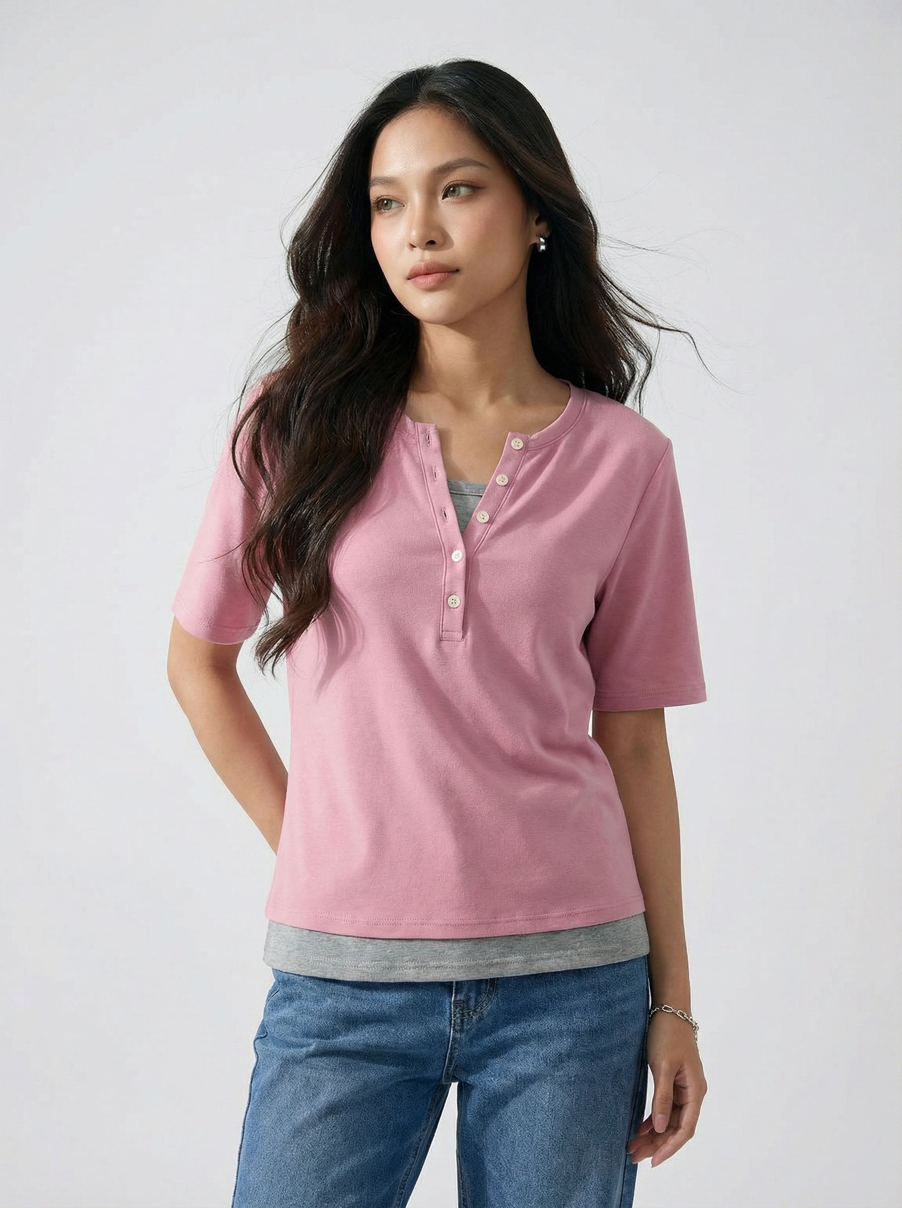 Niche Style Vintage Two-Piece Look Patchwork V-Neck Short Sleeve T-Shirt