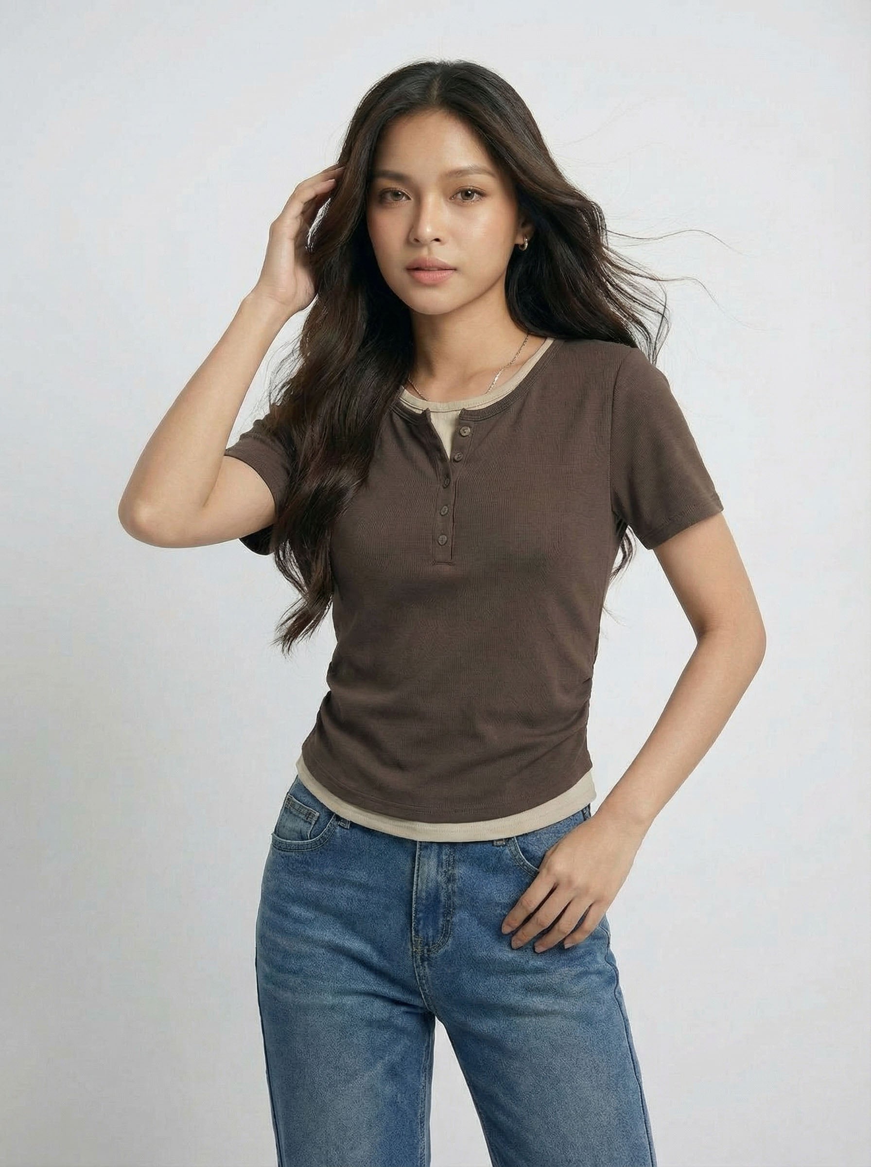 Two-Piece Look Patchwork Color Block Ruched Waist Short Sleeve