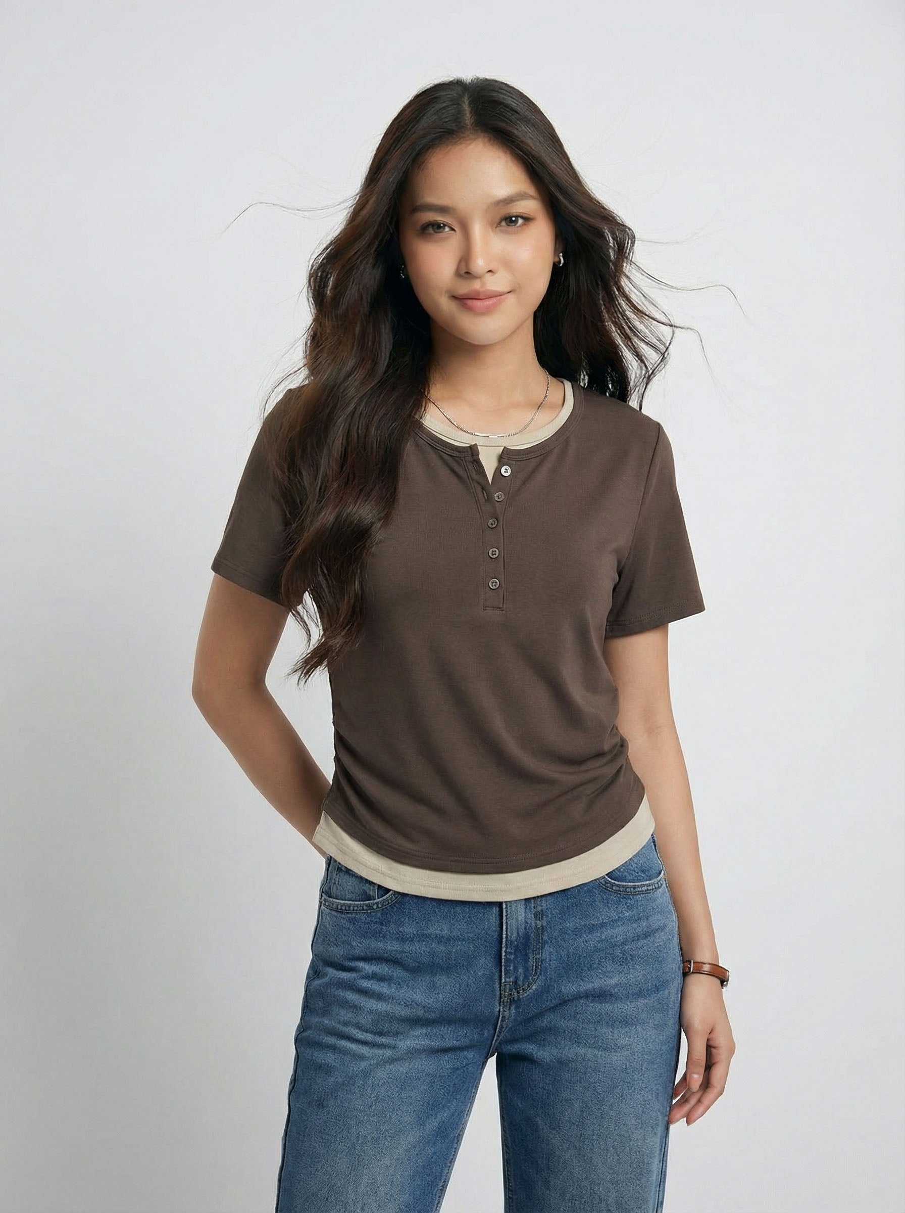 Two-Piece Look Patchwork Color Block Ruched Waist Short Sleeve