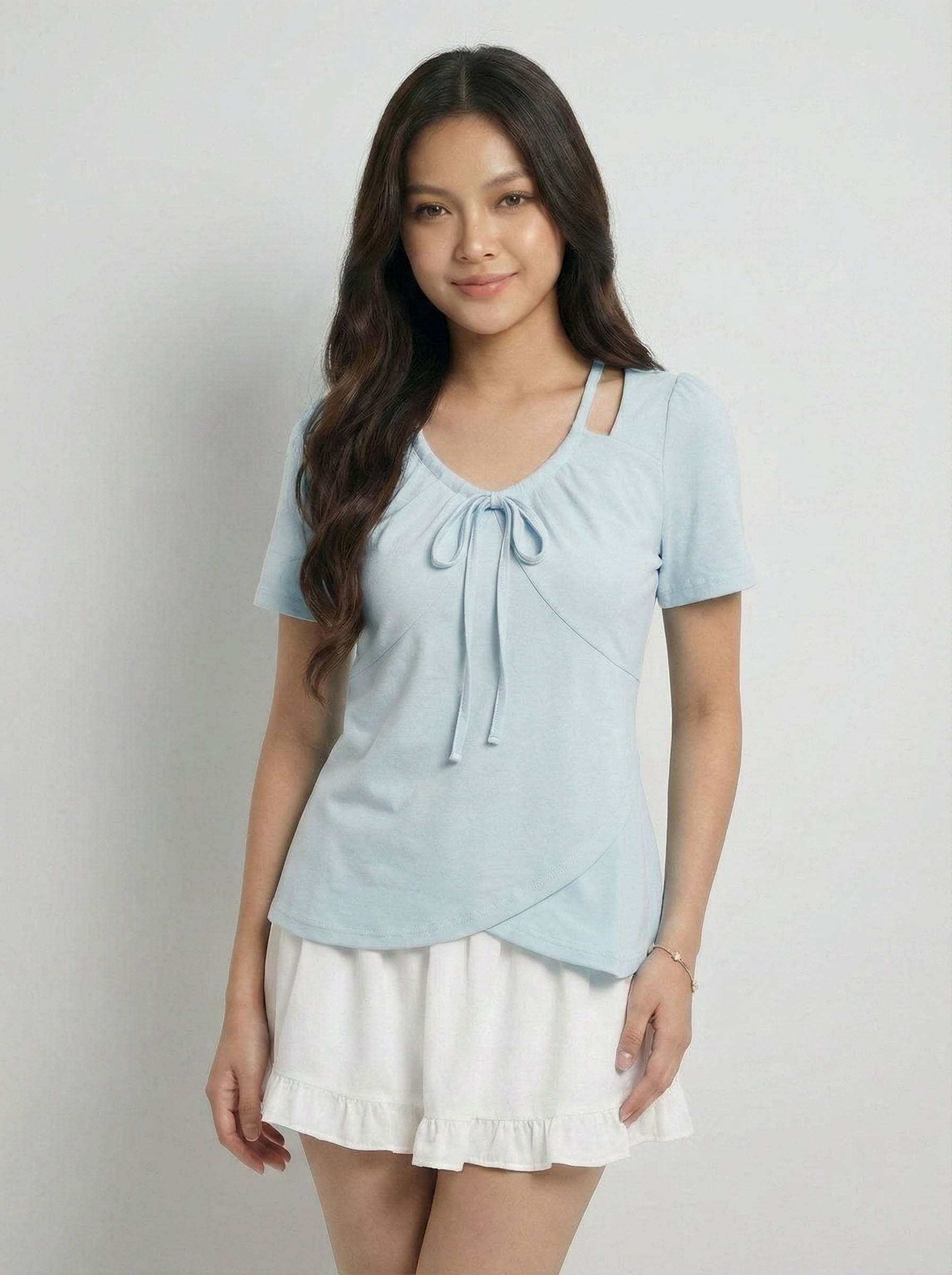 Asymmetric Trendy Style Bow Detail Wrap Hem Short Sleeve