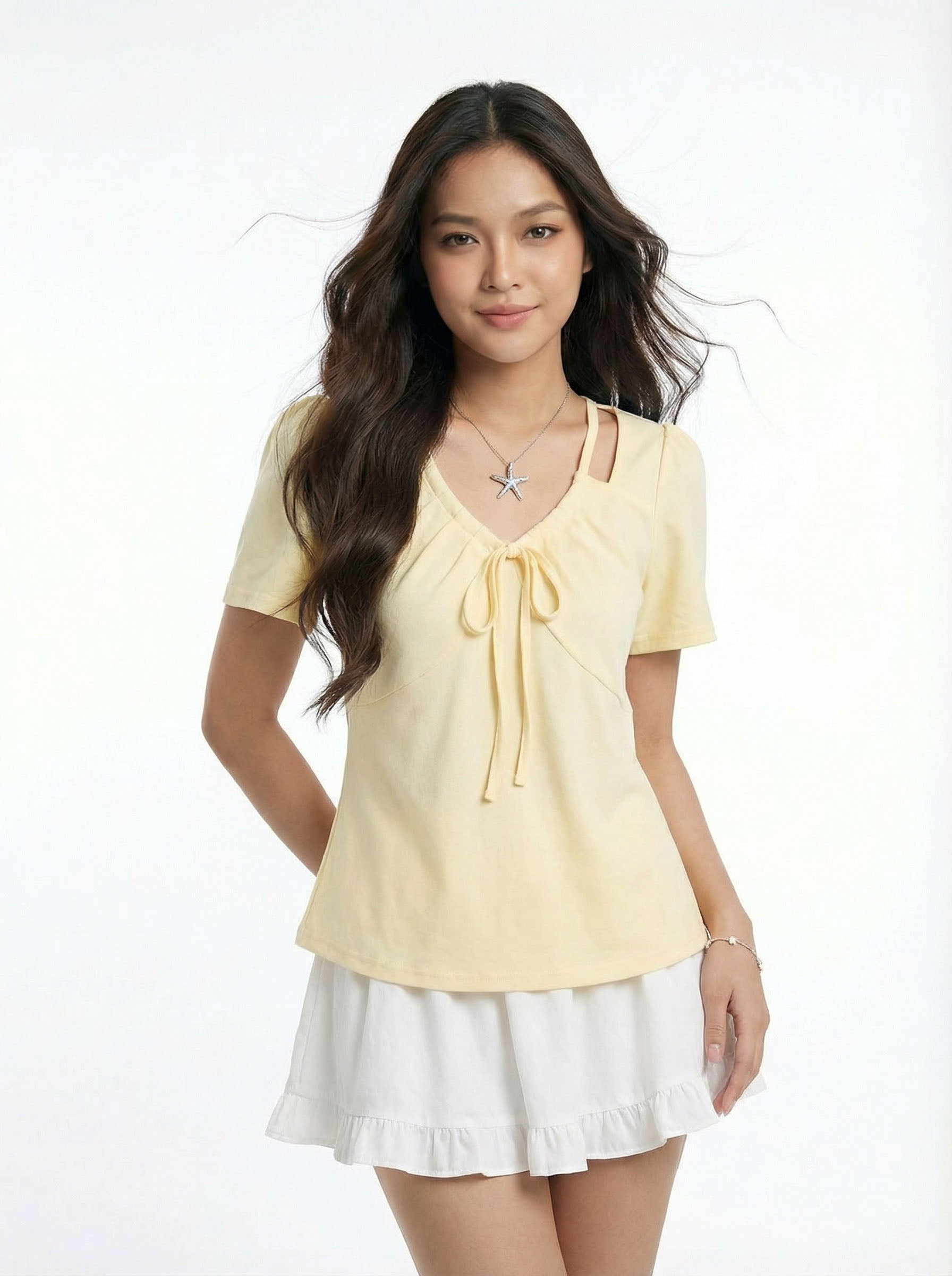 Asymmetric Trendy Style Bow Detail Wrap Hem Short Sleeve