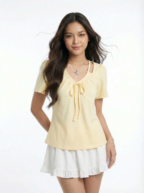 Asymmetric Trendy Style Bow Detail Wrap Hem Short Sleeve