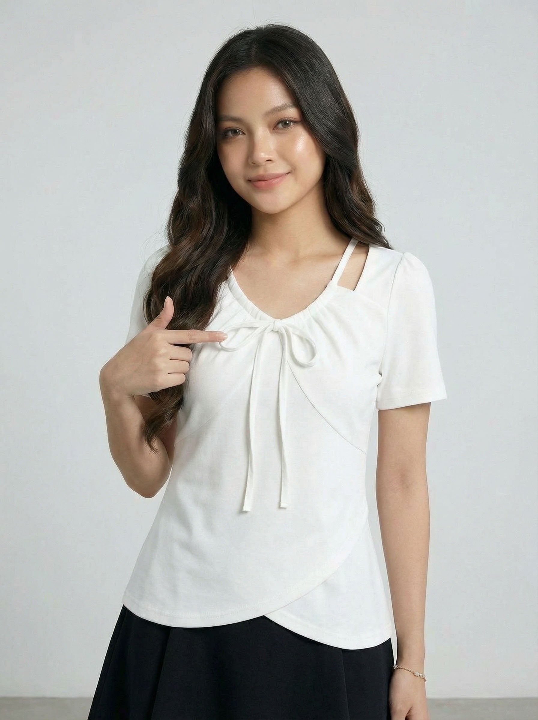 Asymmetric Trendy Style Bow Detail Wrap Hem Short Sleeve