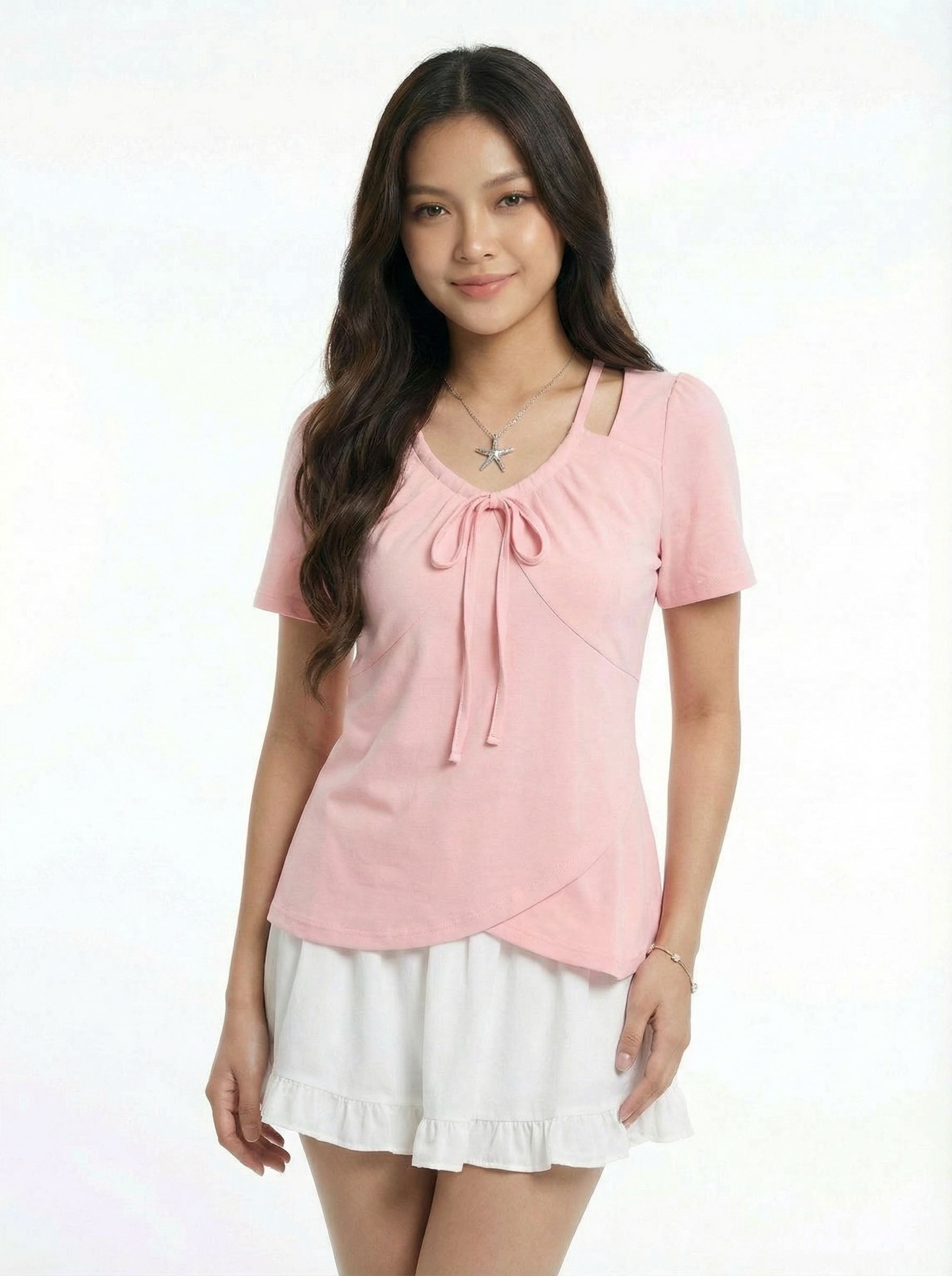 Asymmetric Trendy Style Bow Detail Wrap Hem Short Sleeve