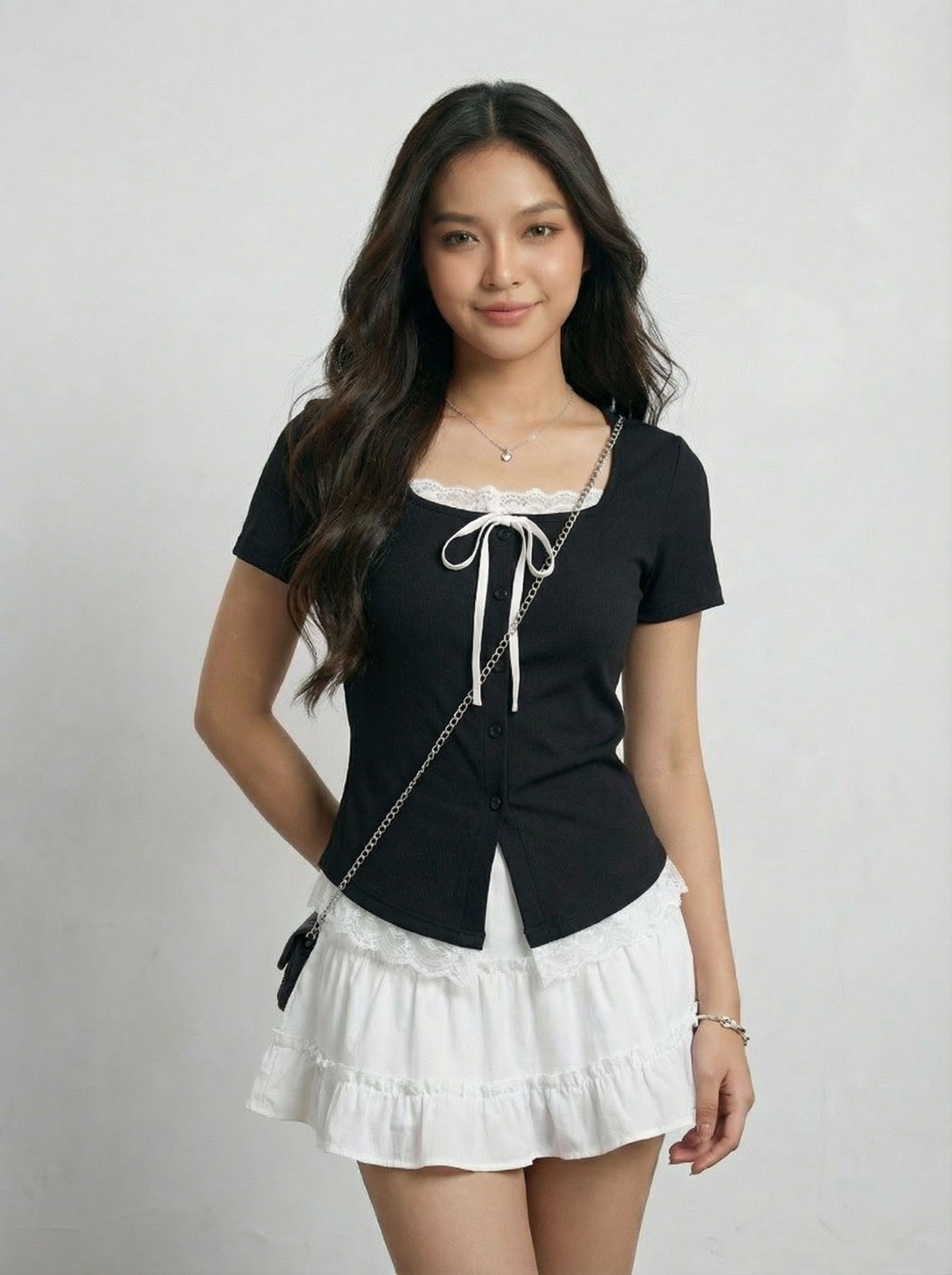 Trendy Two-Piece Look Lace Trim Patchwork Short Sleeve T-Shirt