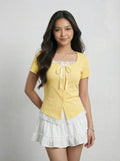 Trendy Two-Piece Look Lace Trim Patchwork Short Sleeve T-Shirt