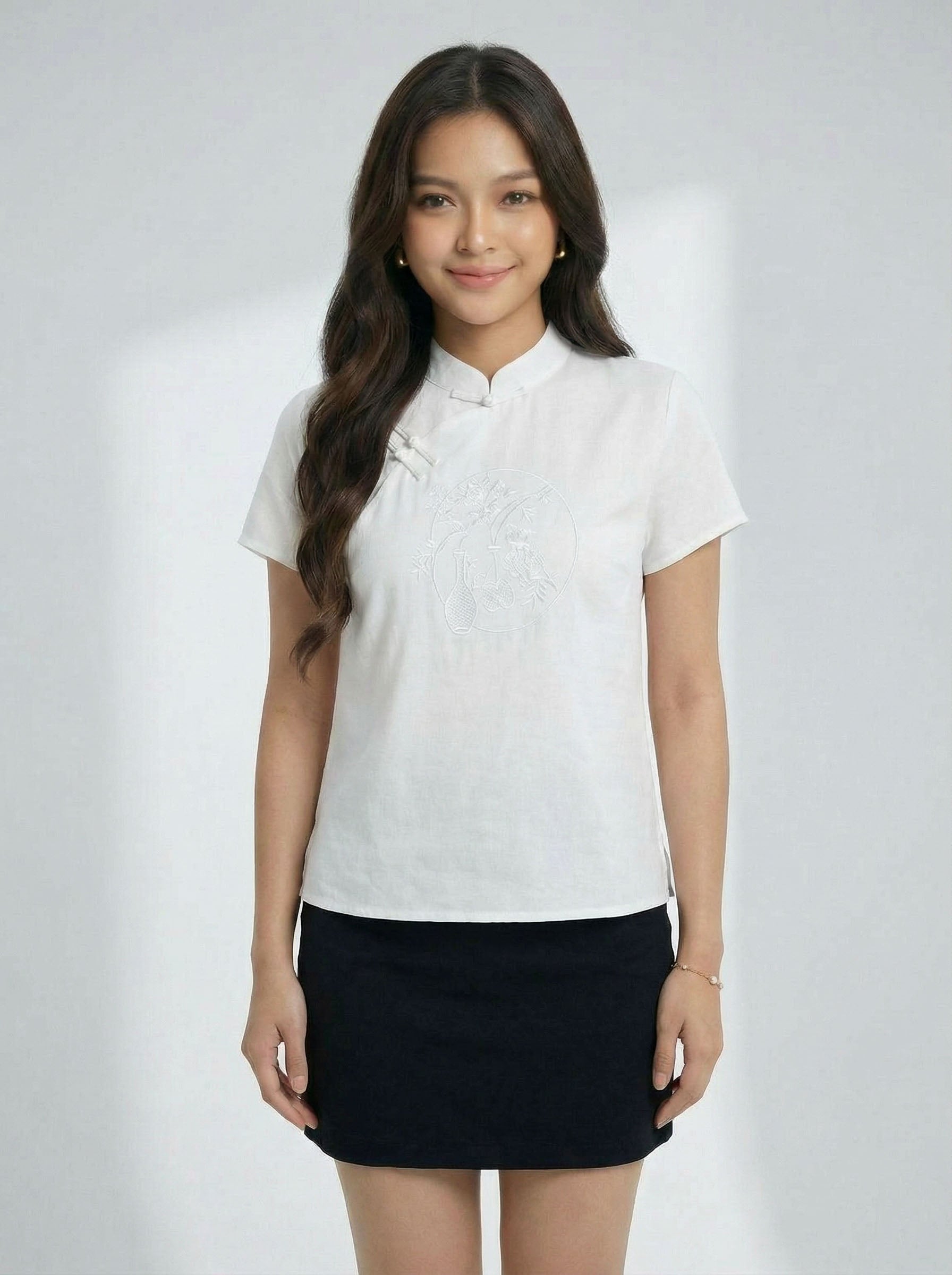 Chinese Style Vintage Embroidered Frog Asymmetric Frog Button Short Sleeve