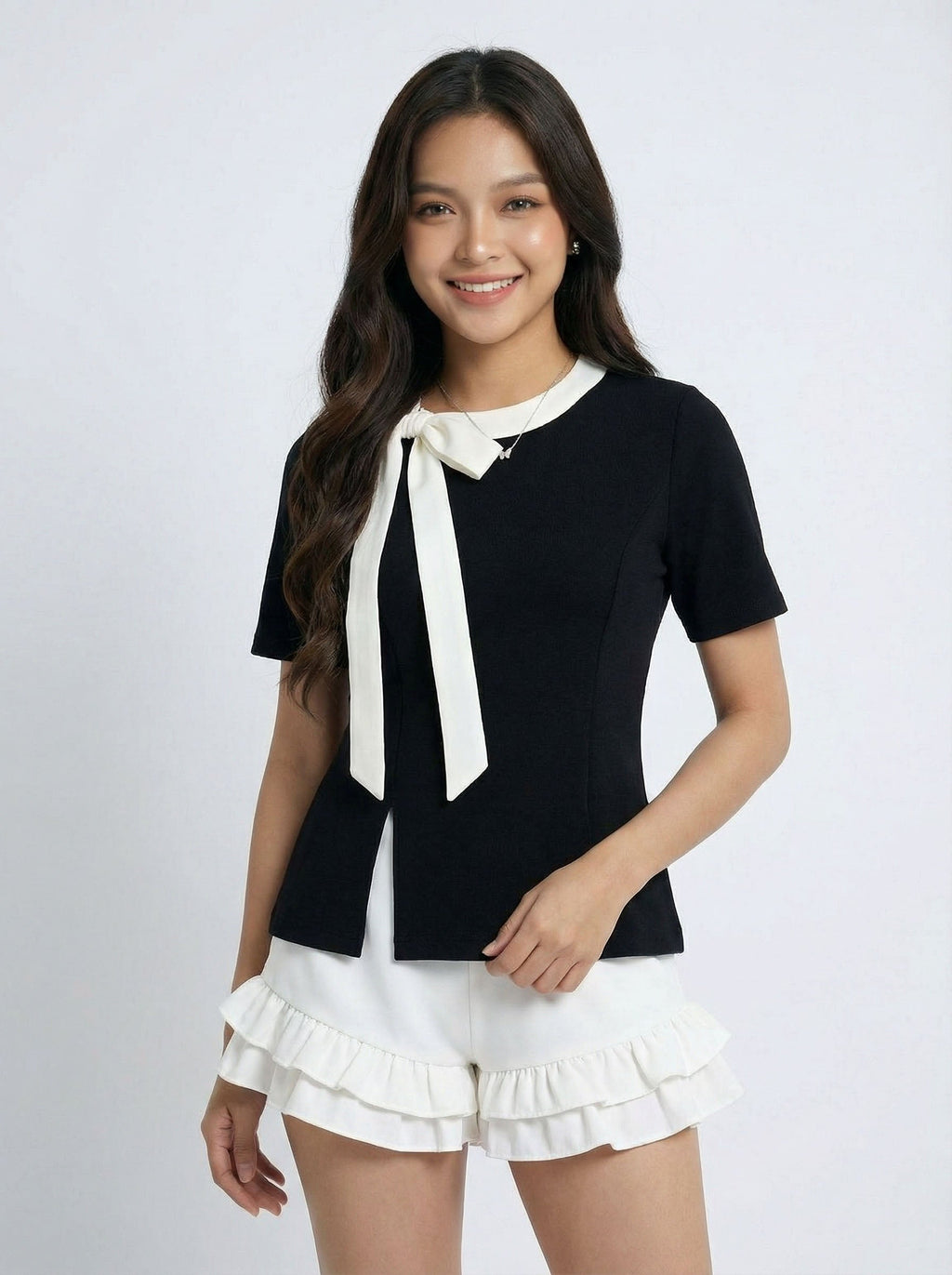 Trendy Niche Style Asymmetric Bow Detail Short Sleeve