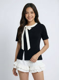 Trendy Niche Style Asymmetric Bow Detail Short Sleeve