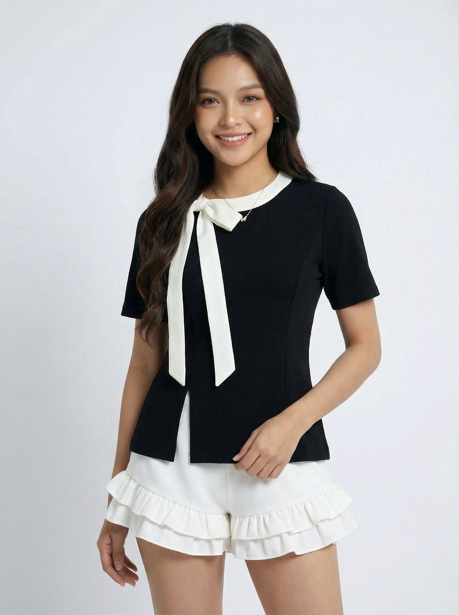 Trendy Niche Style Asymmetric Bow Detail Short Sleeve