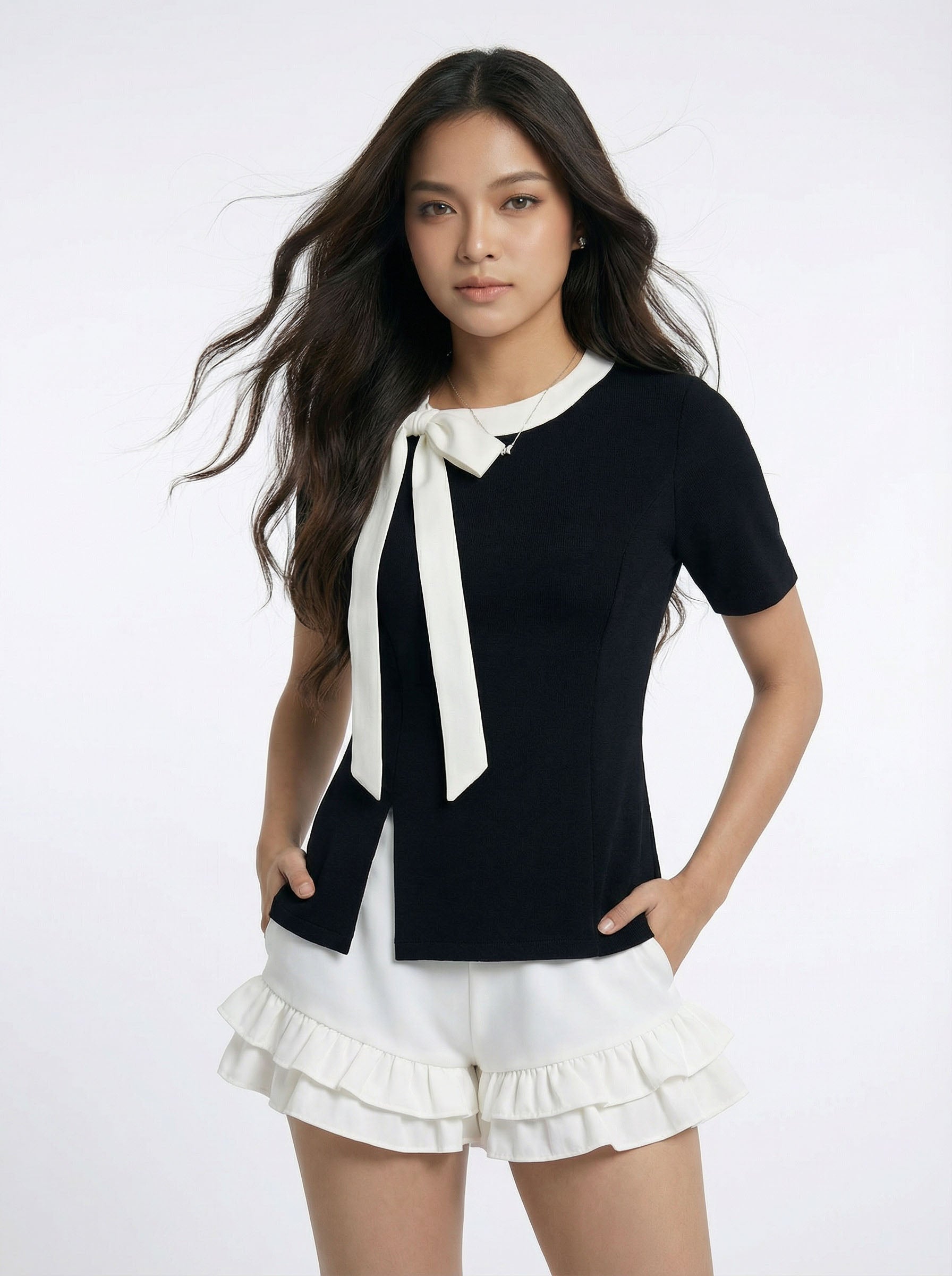 Trendy Niche Style Asymmetric Bow Detail Short Sleeve