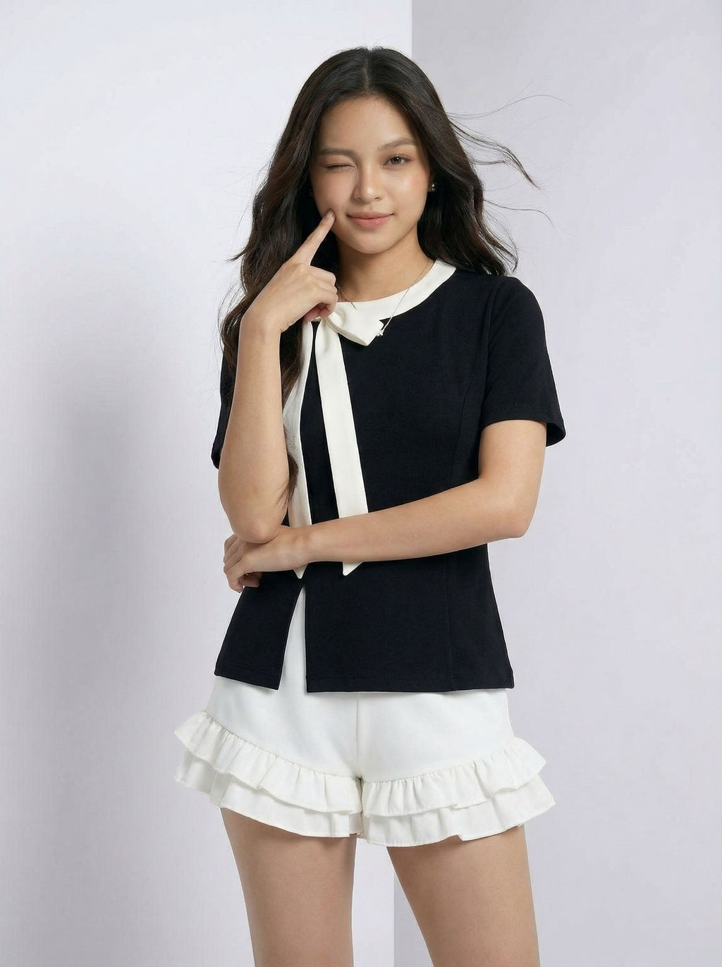 Trendy Niche Style Asymmetric Bow Detail Short Sleeve