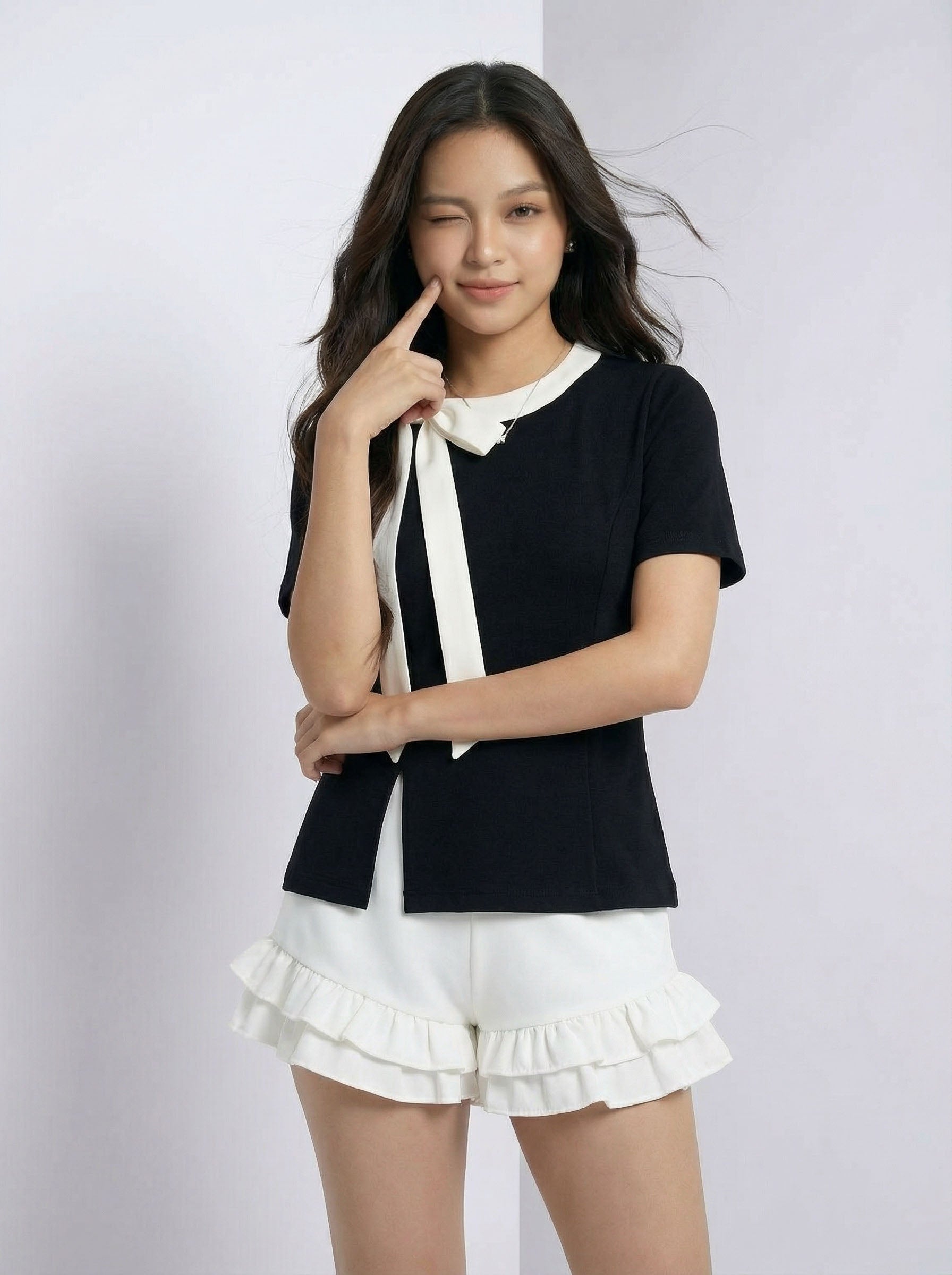Trendy Niche Style Asymmetric Bow Detail Short Sleeve