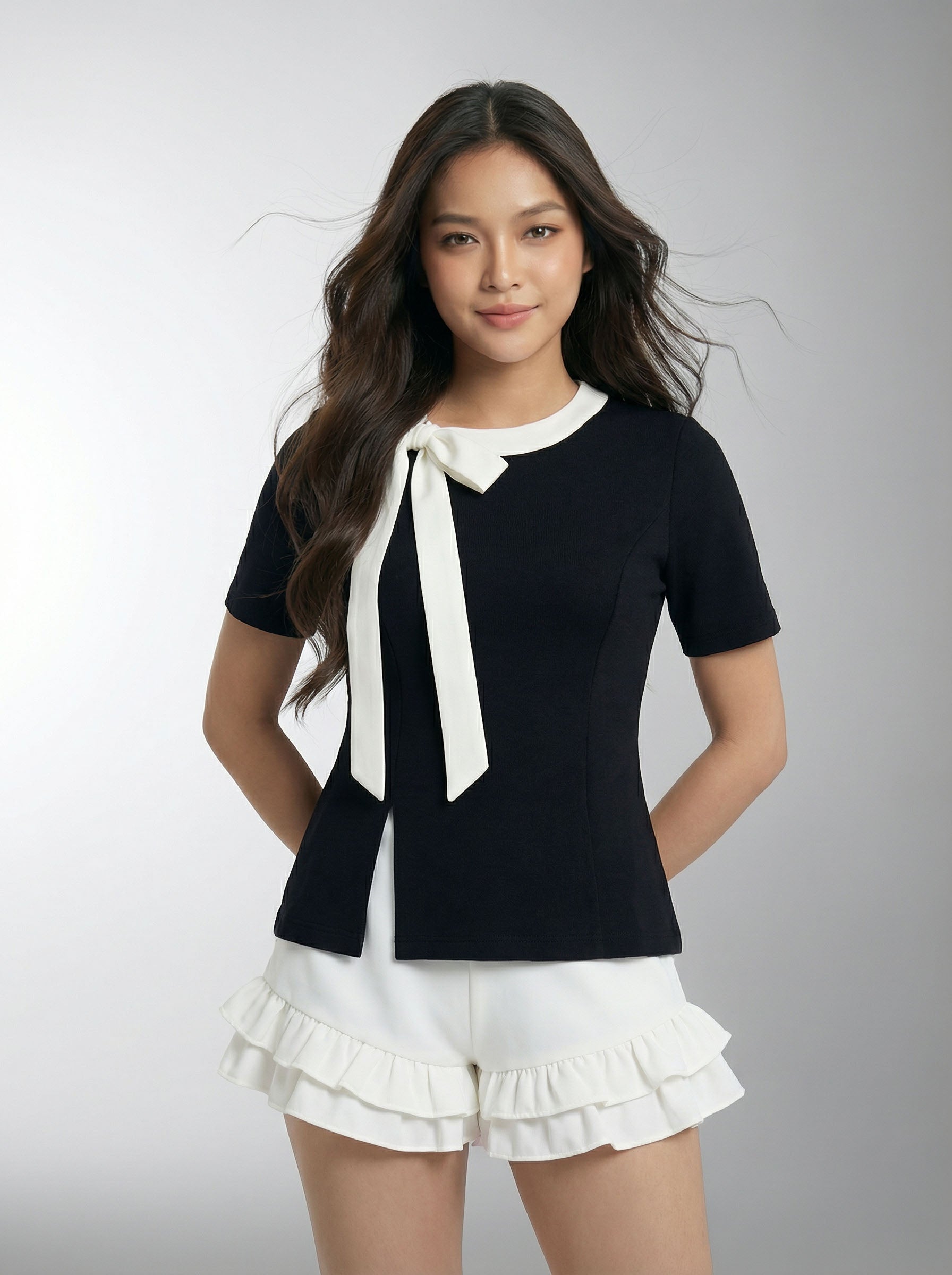 Trendy Niche Style Asymmetric Bow Detail Short Sleeve