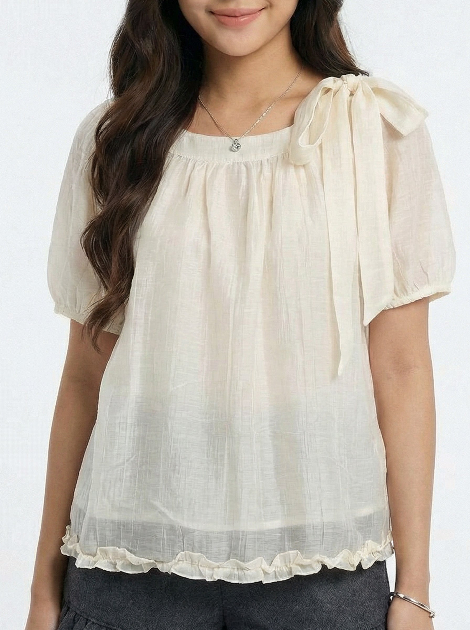 Sweetheart Style Two-Piece Look Square Neck Ruffled Hem Short Sleeve