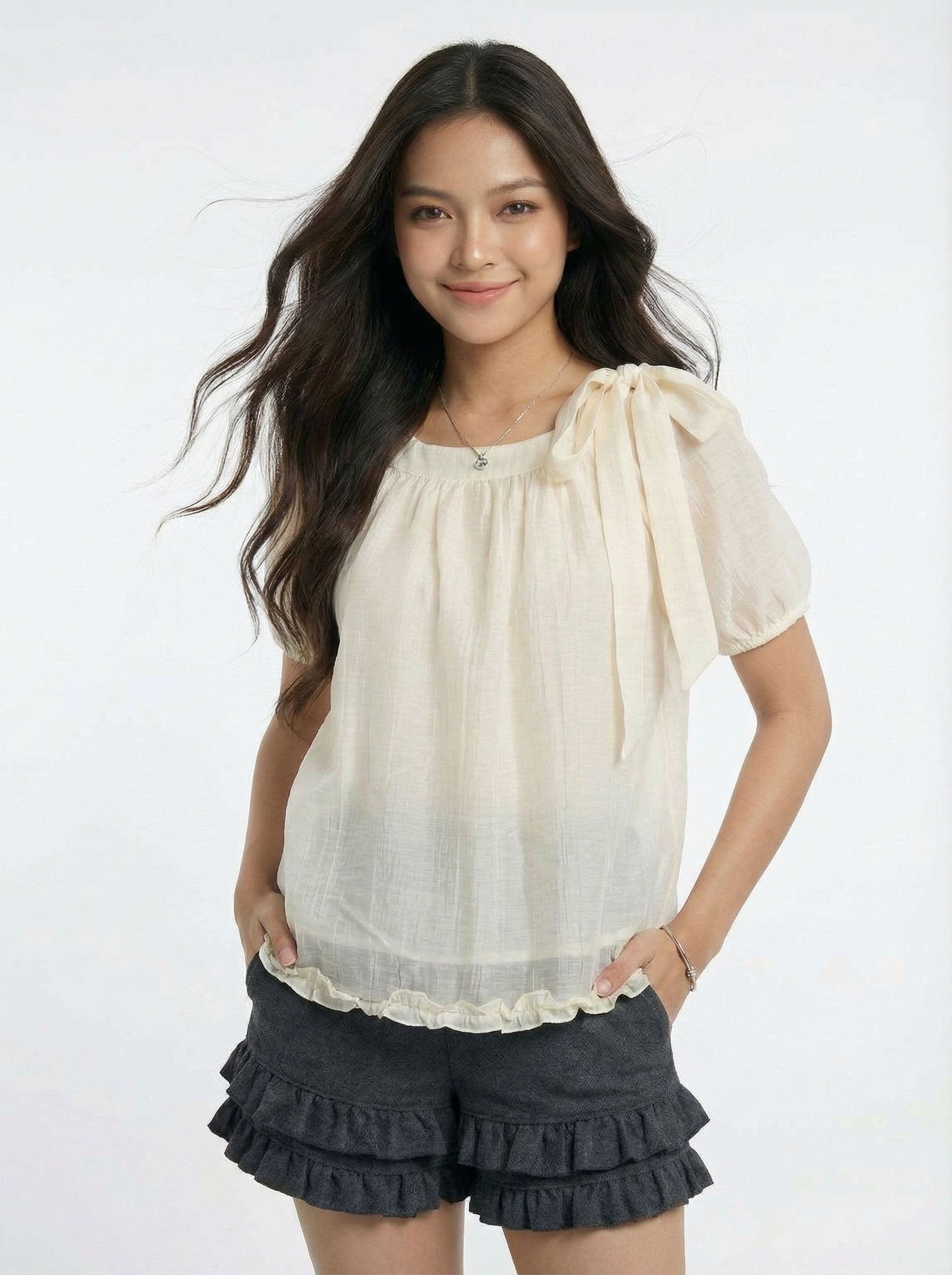Sweetheart Style Two-Piece Look Square Neck Ruffled Hem Short Sleeve