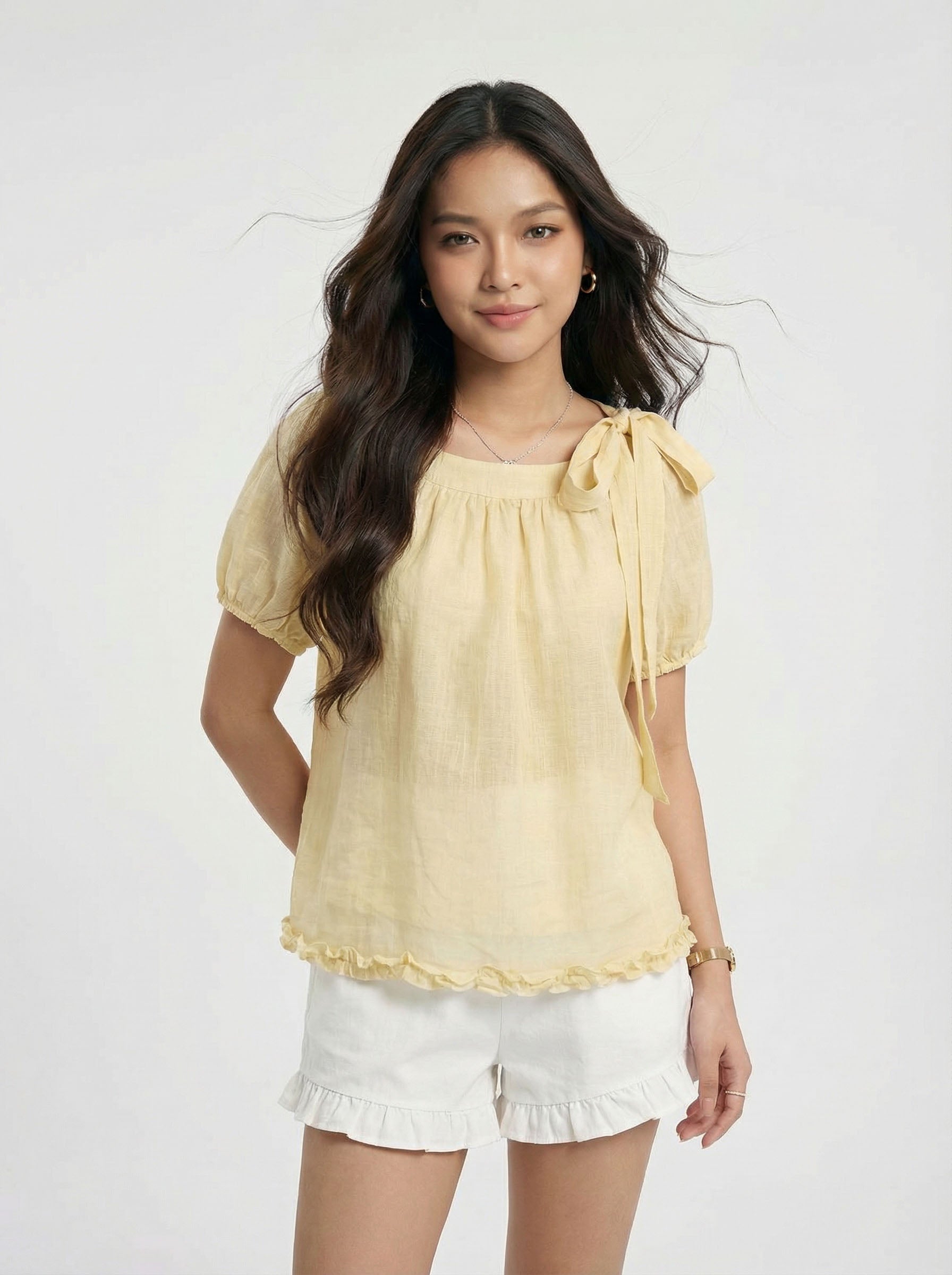 Sweetheart Style Two-Piece Look Square Neck Ruffled Hem Short Sleeve